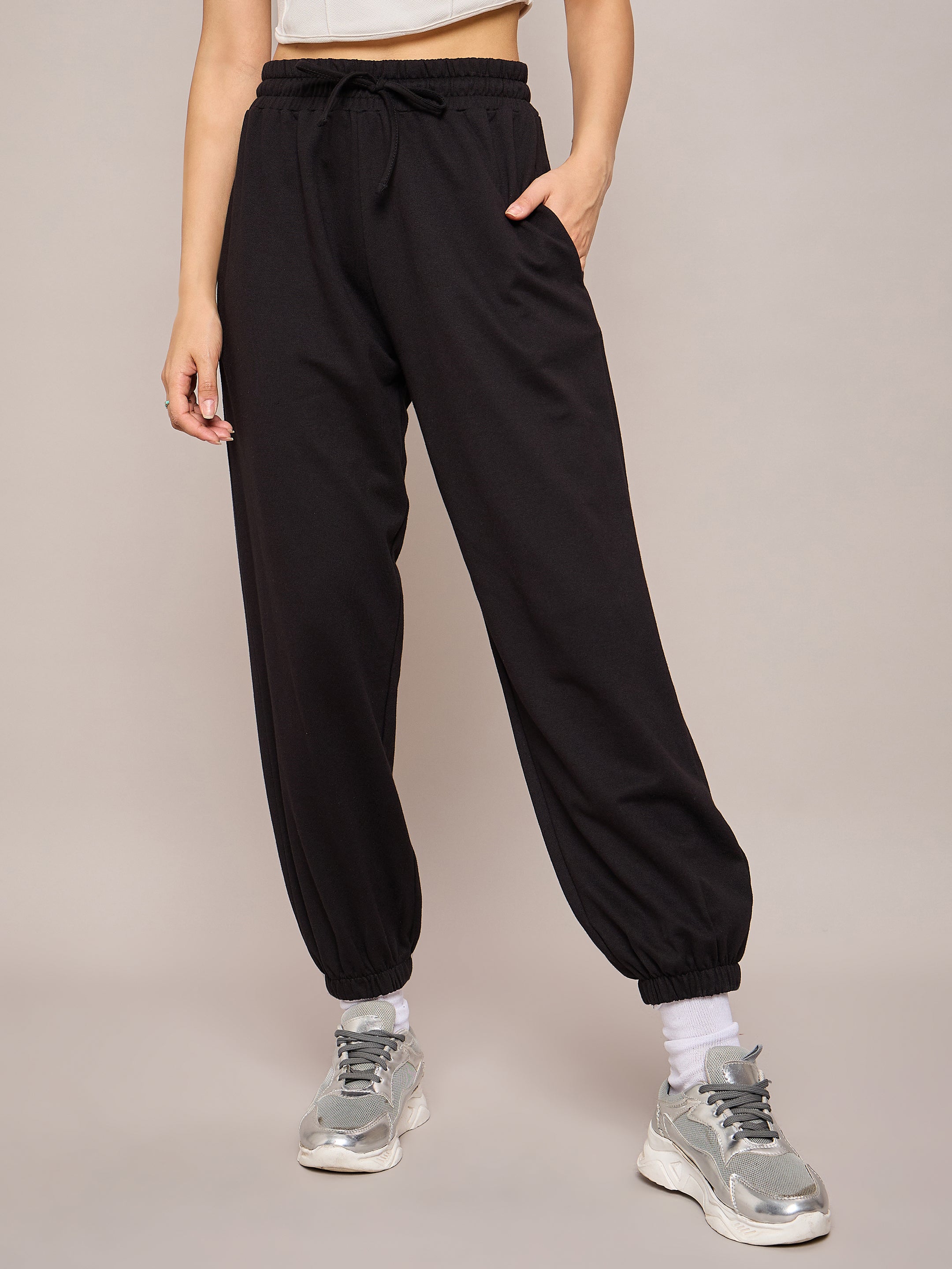 Women Black Terry Baggy Joggers-SFPANT50991