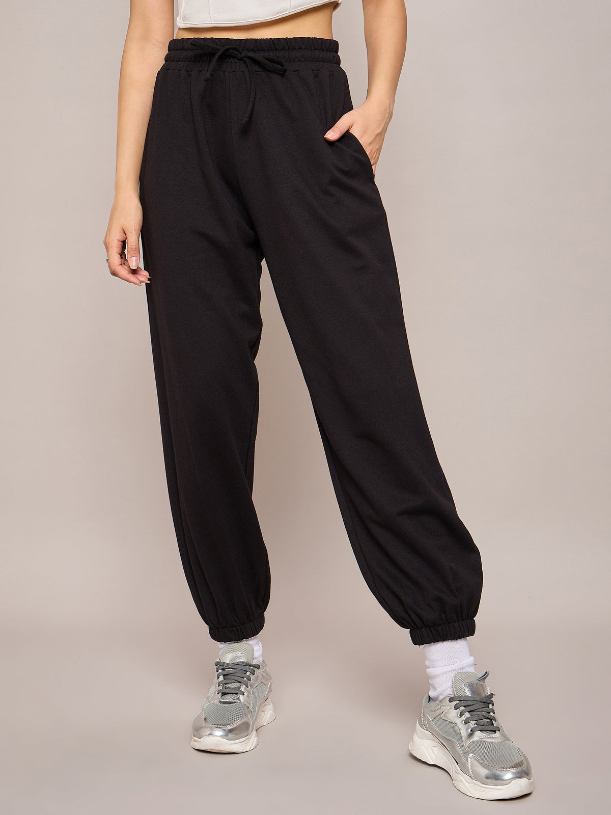 Women Black Terry Baggy Joggers-SFPANT50991