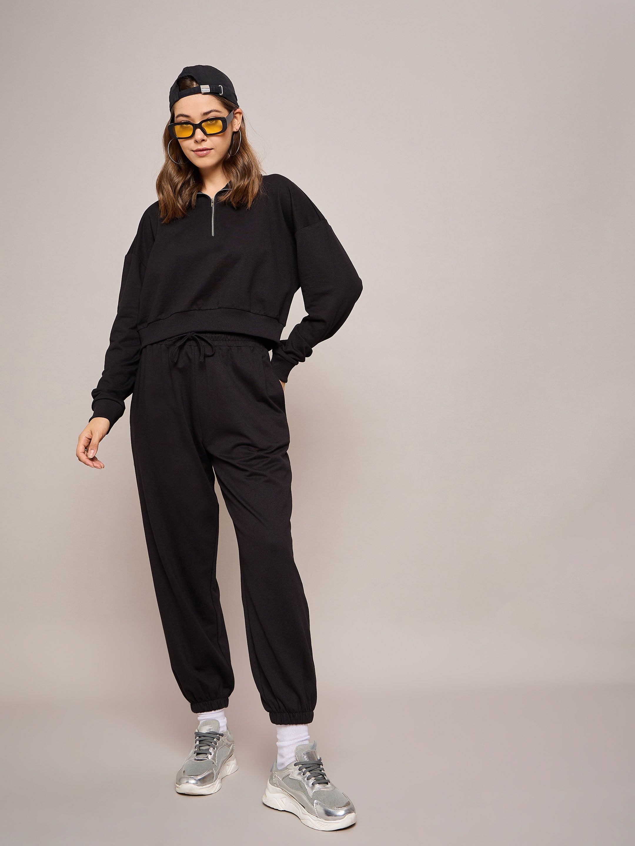 Women Black Terry Baggy Joggers-SFPANT50991