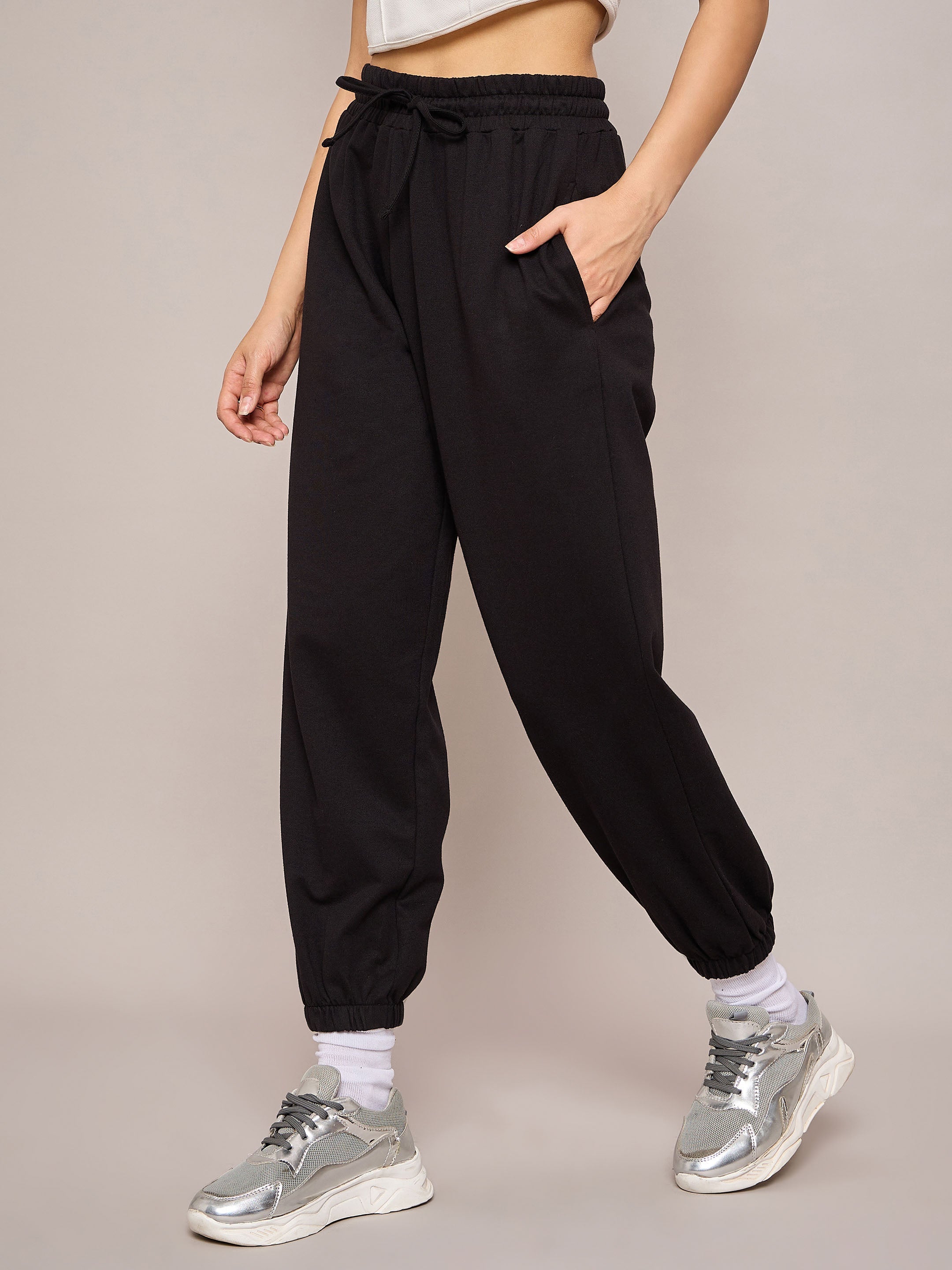 Women Black Terry Baggy Joggers-SFPANT50991