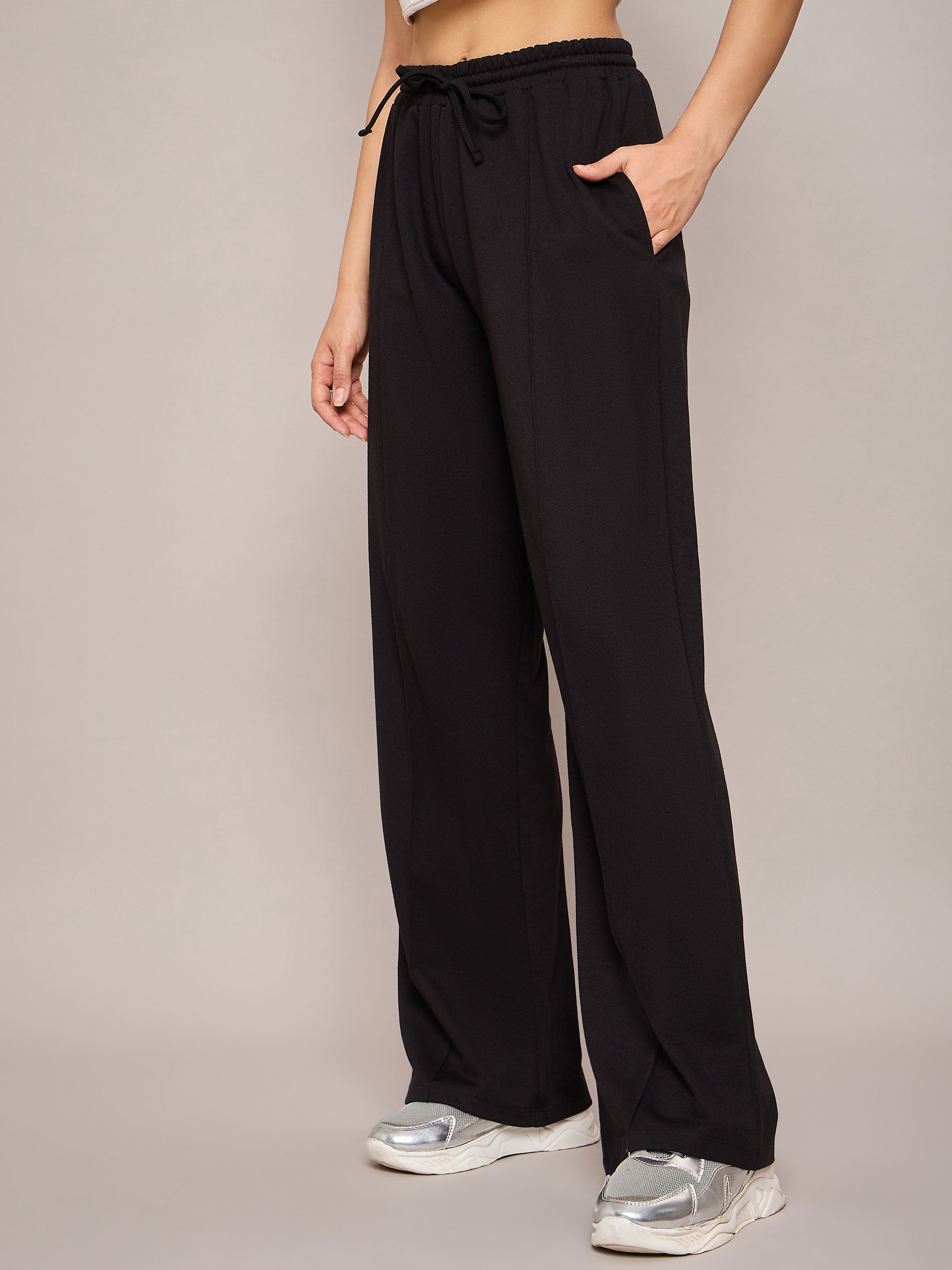 Women Black Terry Side Pockets Track Pants-SFPANT50995