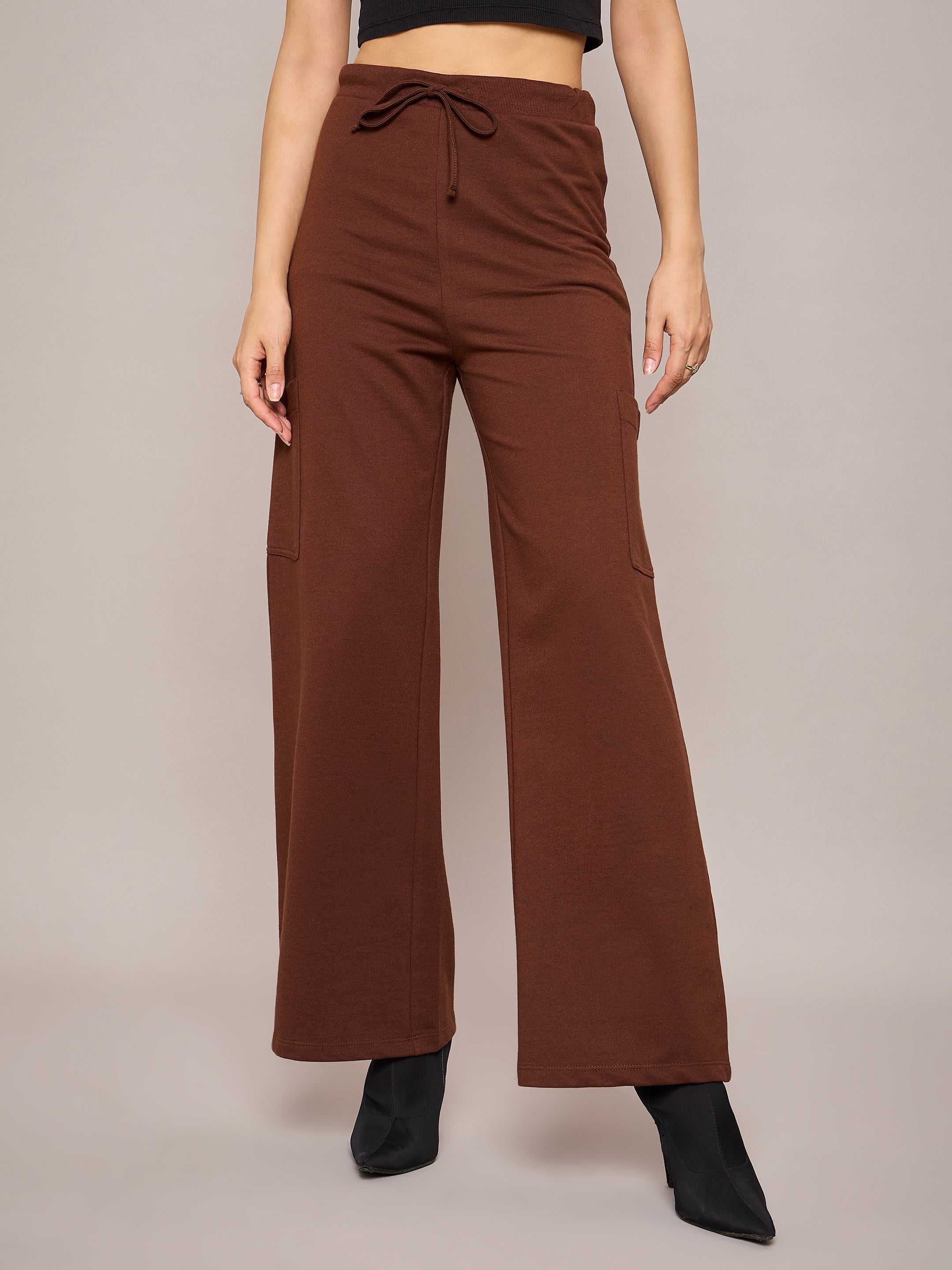 Women Brown Terry Wide Leg Track Pants-SFPANT50997