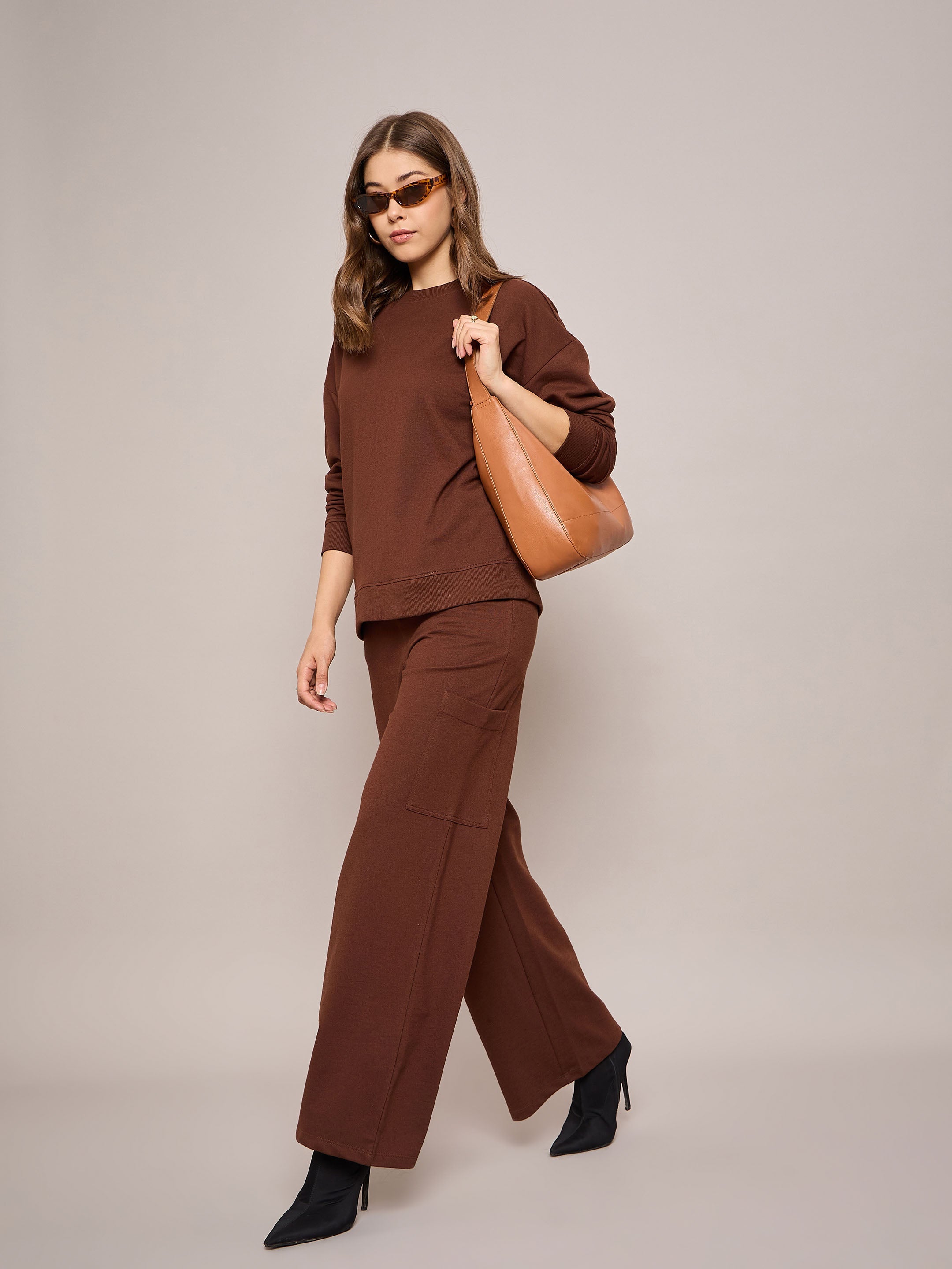Women Brown Terry Wide Leg Track Pants-SFPANT50997