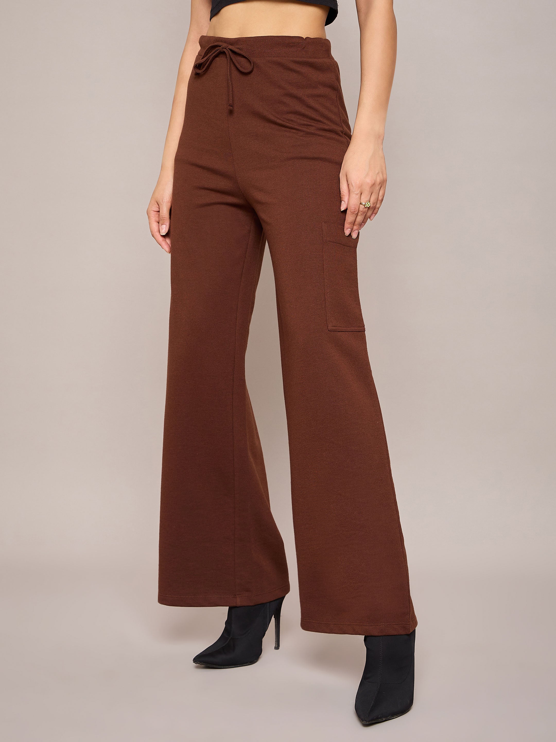 Women Brown Terry Wide Leg Track Pants-SFPANT50997