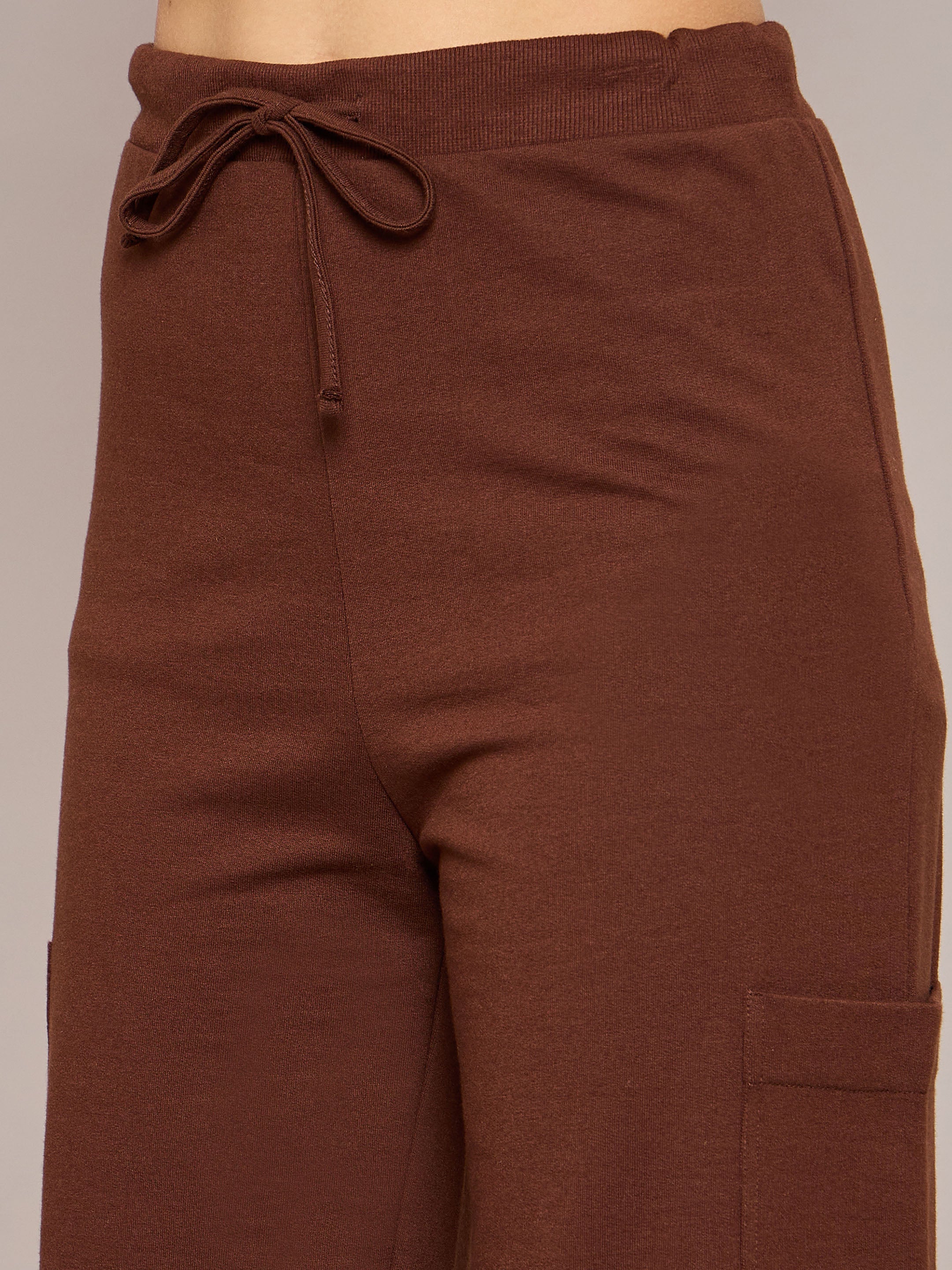 Women Brown Terry Wide Leg Track Pants-SFPANT50997