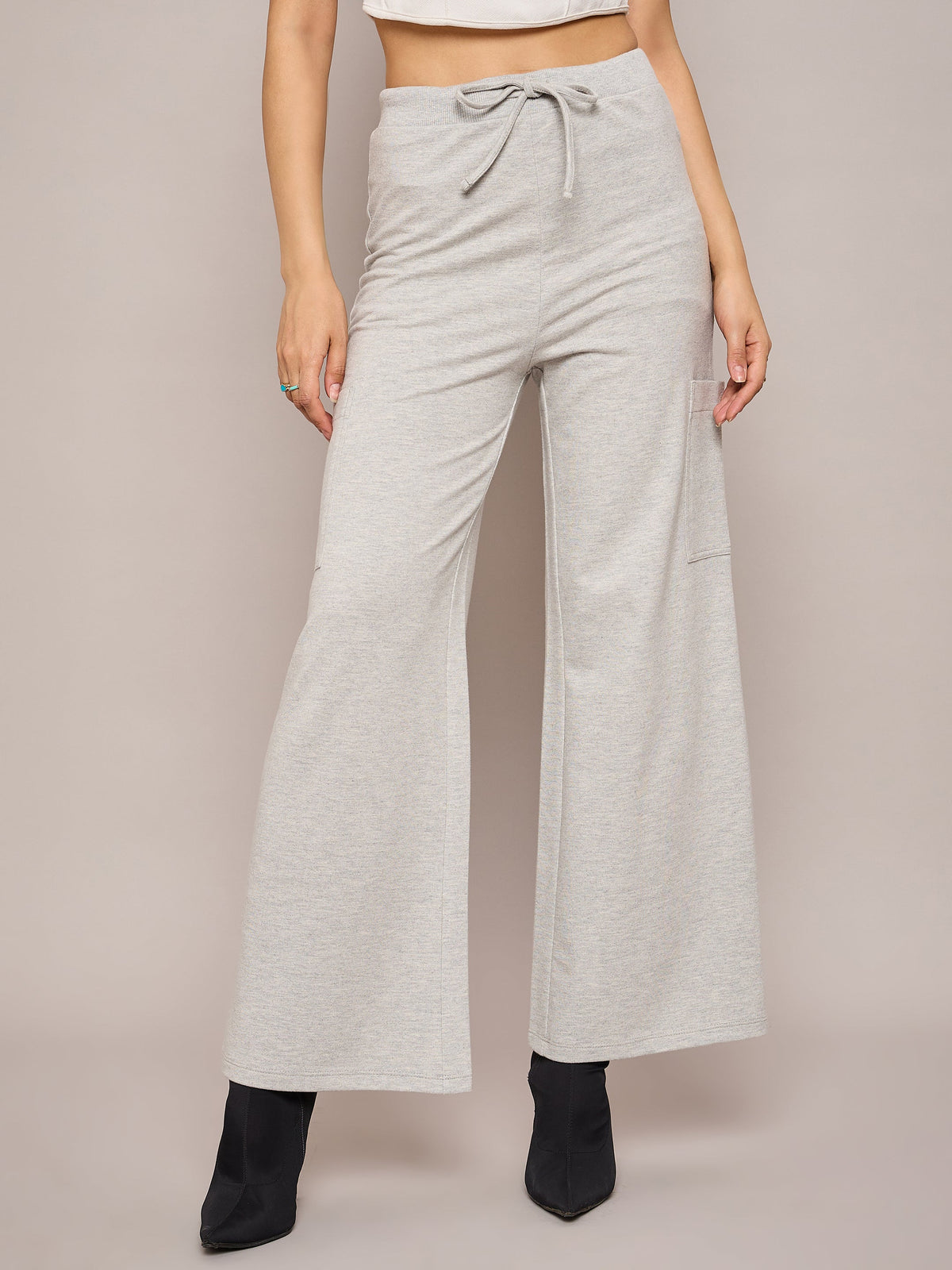 Women Grey Melange Terry Wide Leg Track Pants-SFPANT50998