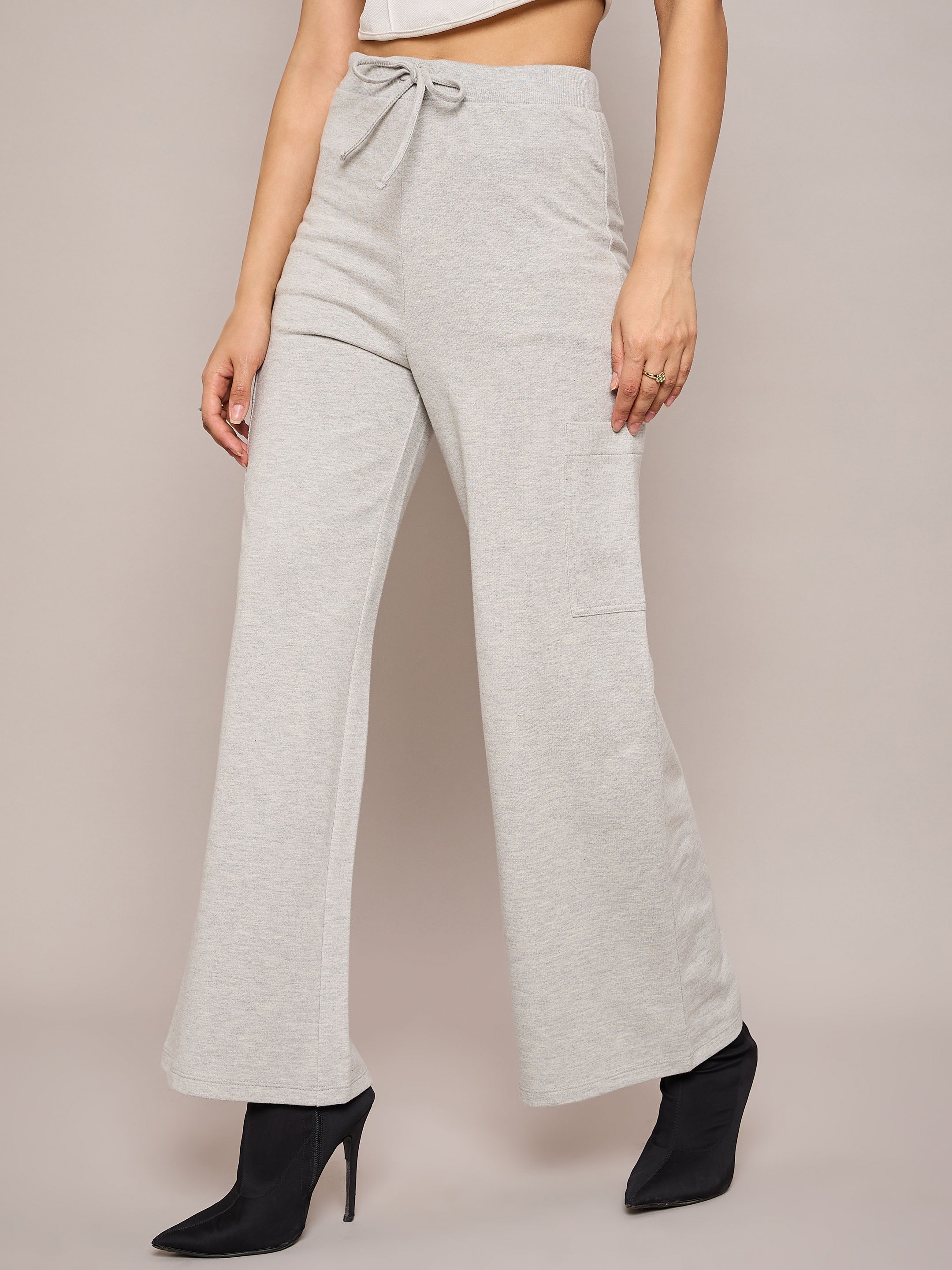 Women Grey Melange Terry Wide Leg Track Pants-SFPANT50998