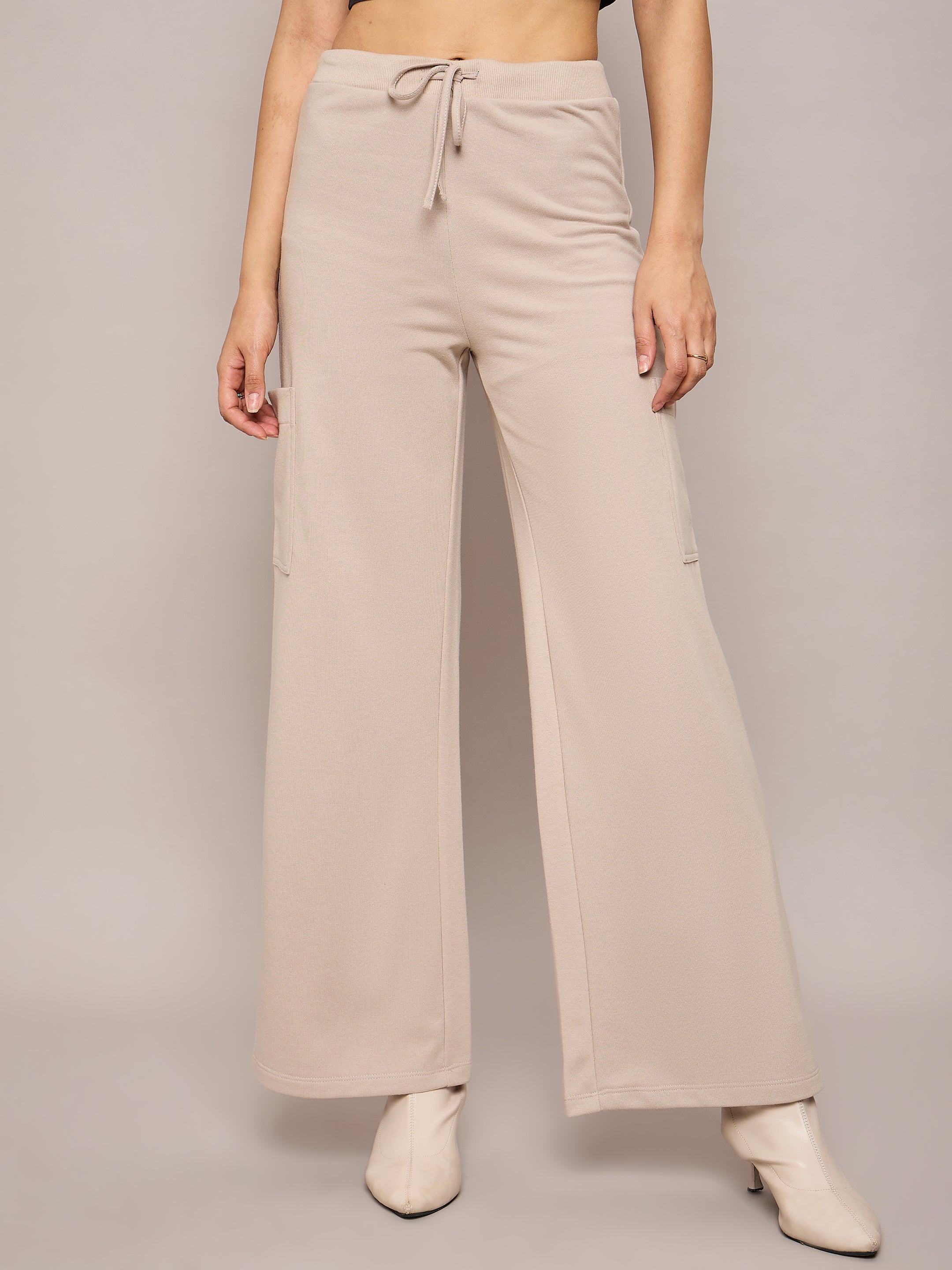 Women Taupe Terry Wide Leg Track Pants-SFPANT50999