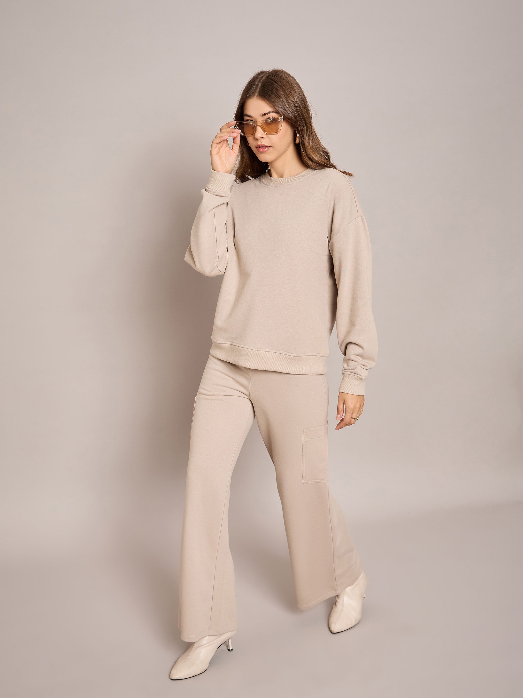 Women Taupe Terry Wide Leg Track Pants-SFPANT50999