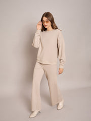 Women Taupe Terry Wide Leg Track Pants-SFPANT50999