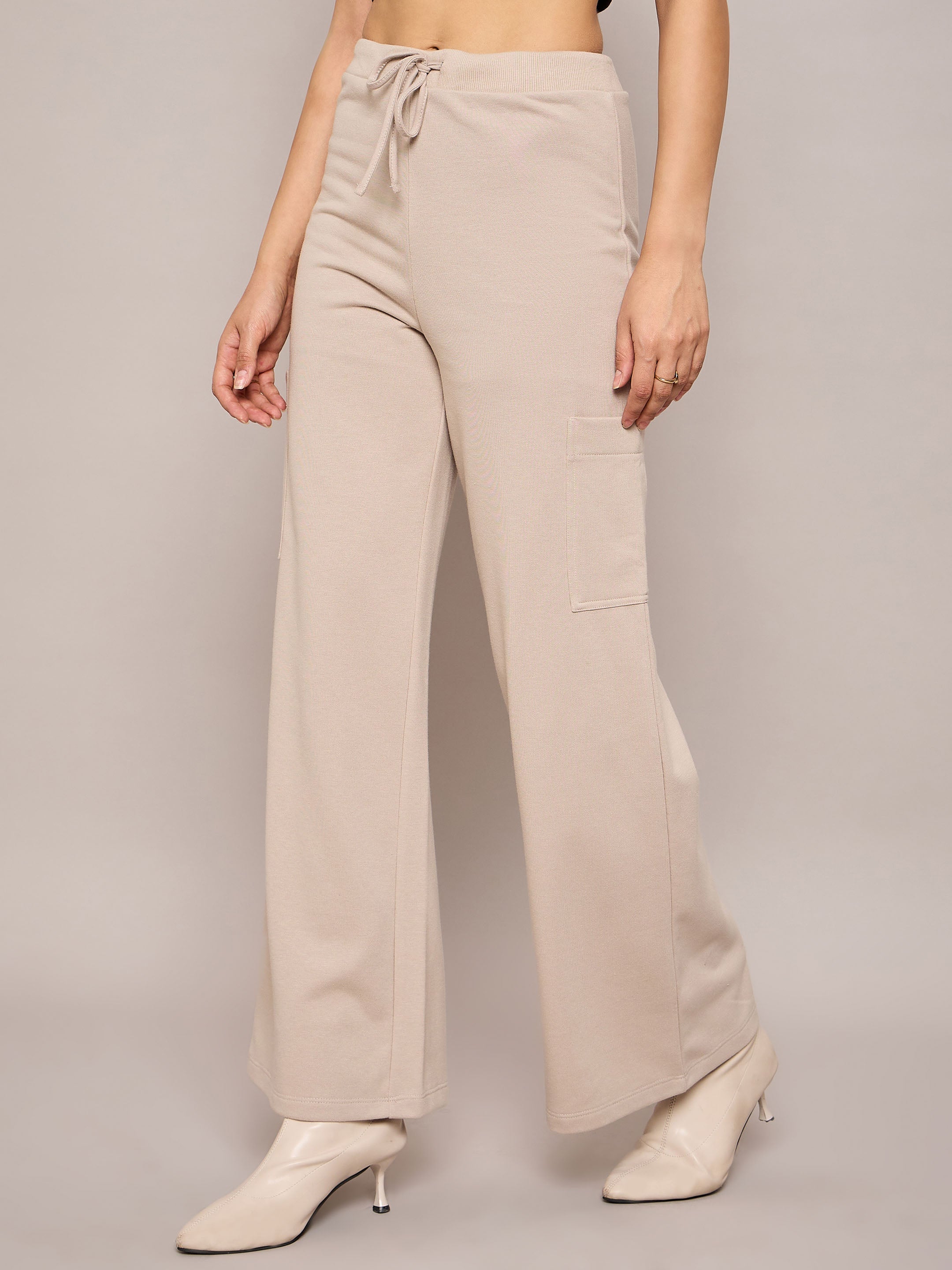 Women Taupe Terry Wide Leg Track Pants-SFPANT50999
