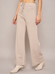 Women Taupe Terry Wide Leg Track Pants-SFPANT50999