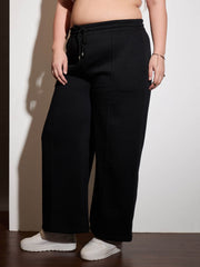 Women Black Fleece Drawstring Sweatpants-SFPANT51006