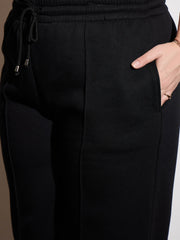 Women Black Fleece Drawstring Sweatpants-SFPANT51006