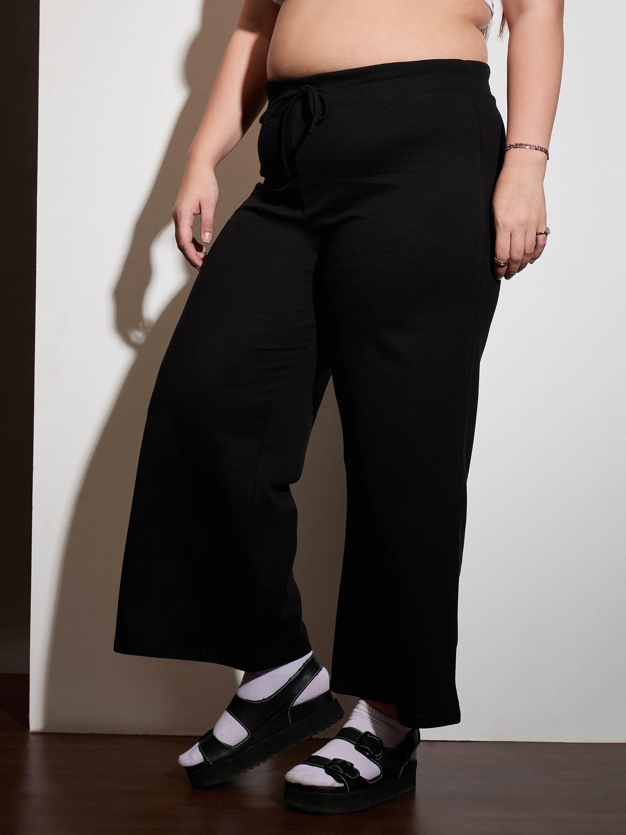 Women Black Terry Drawstring Track Pants-SFPANT51012