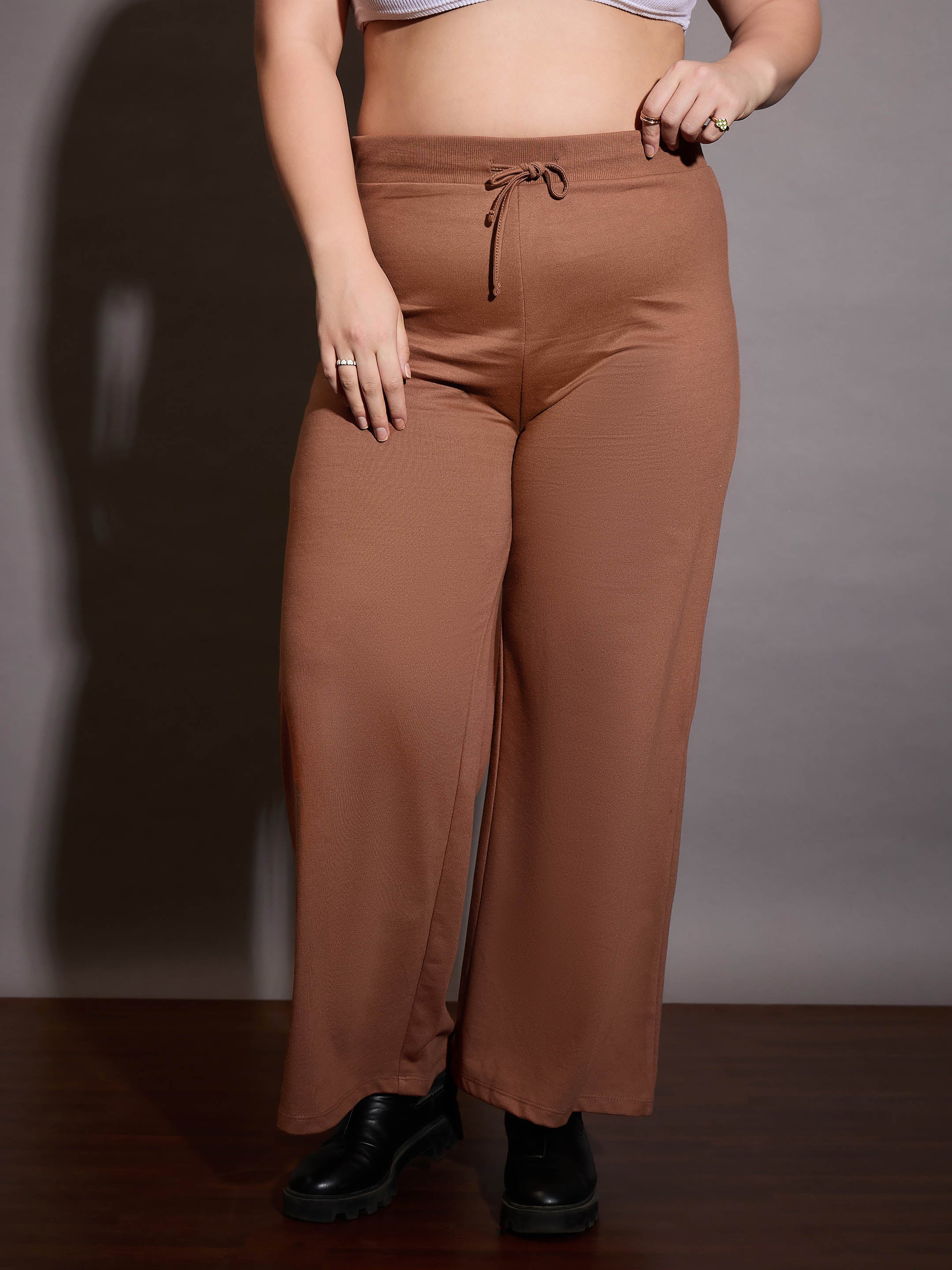 Women Brown Terry Drawstring Track Pants-SFPANT51015
