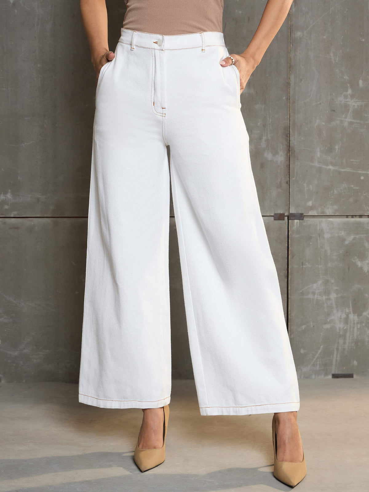 Women White Denim Flared Pants-SFPANT51039-White