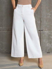 Women White Denim Flared Pants-SFPANT51039-White