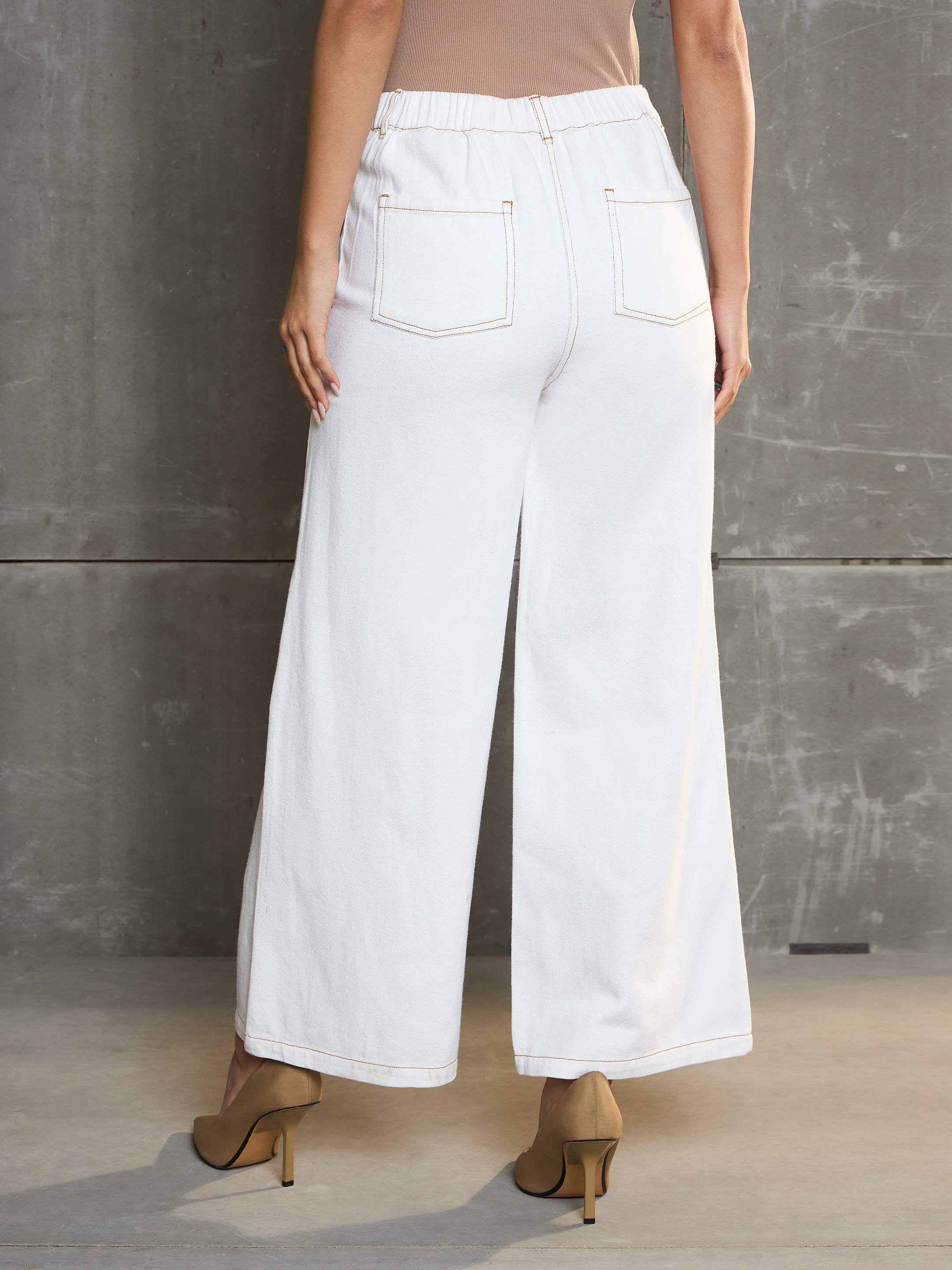 Women White Denim Flared Pants-SFPANT51039-White