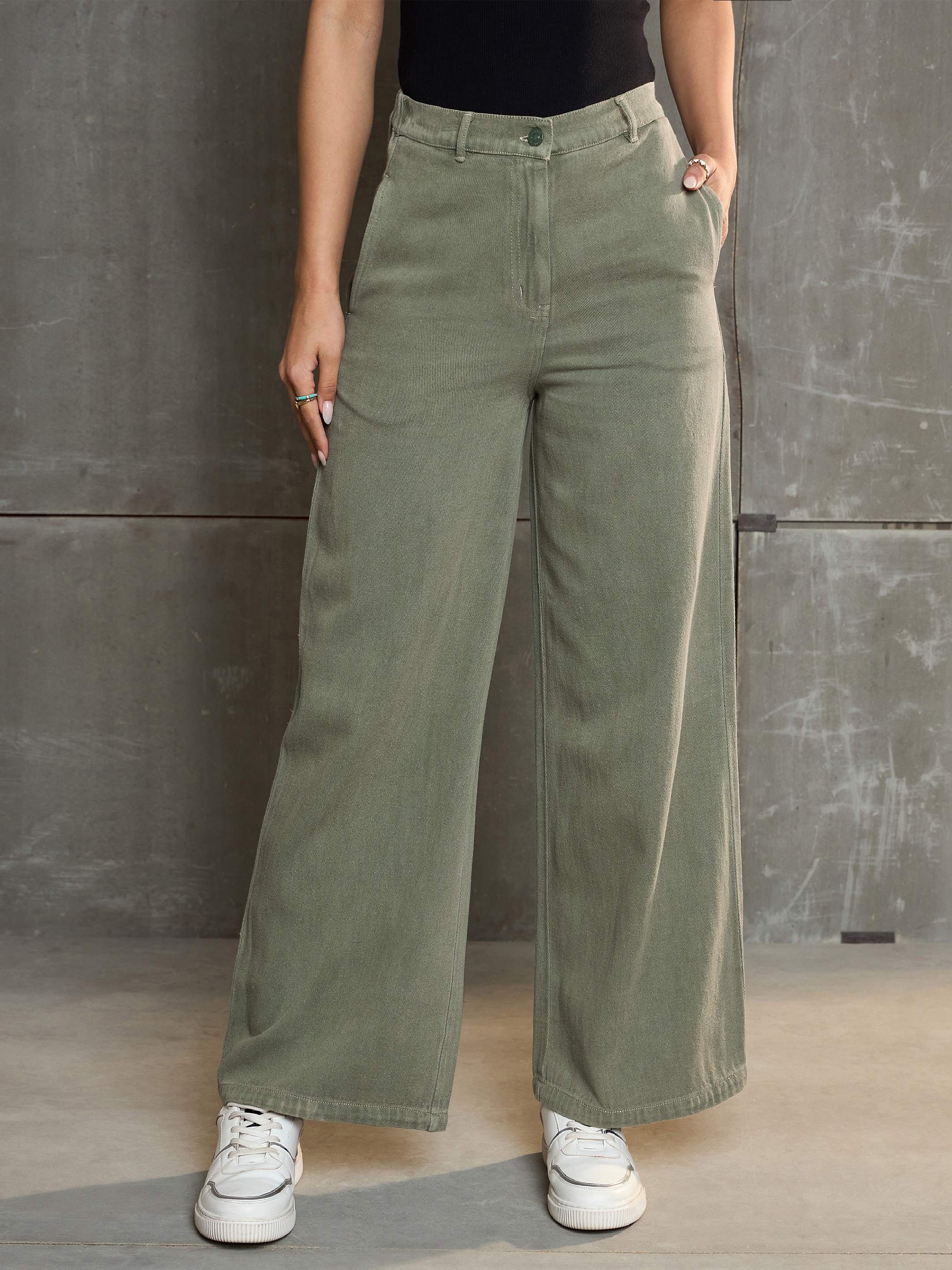 Women Olive Denim Flared Pants-SFPANT51040-Olive