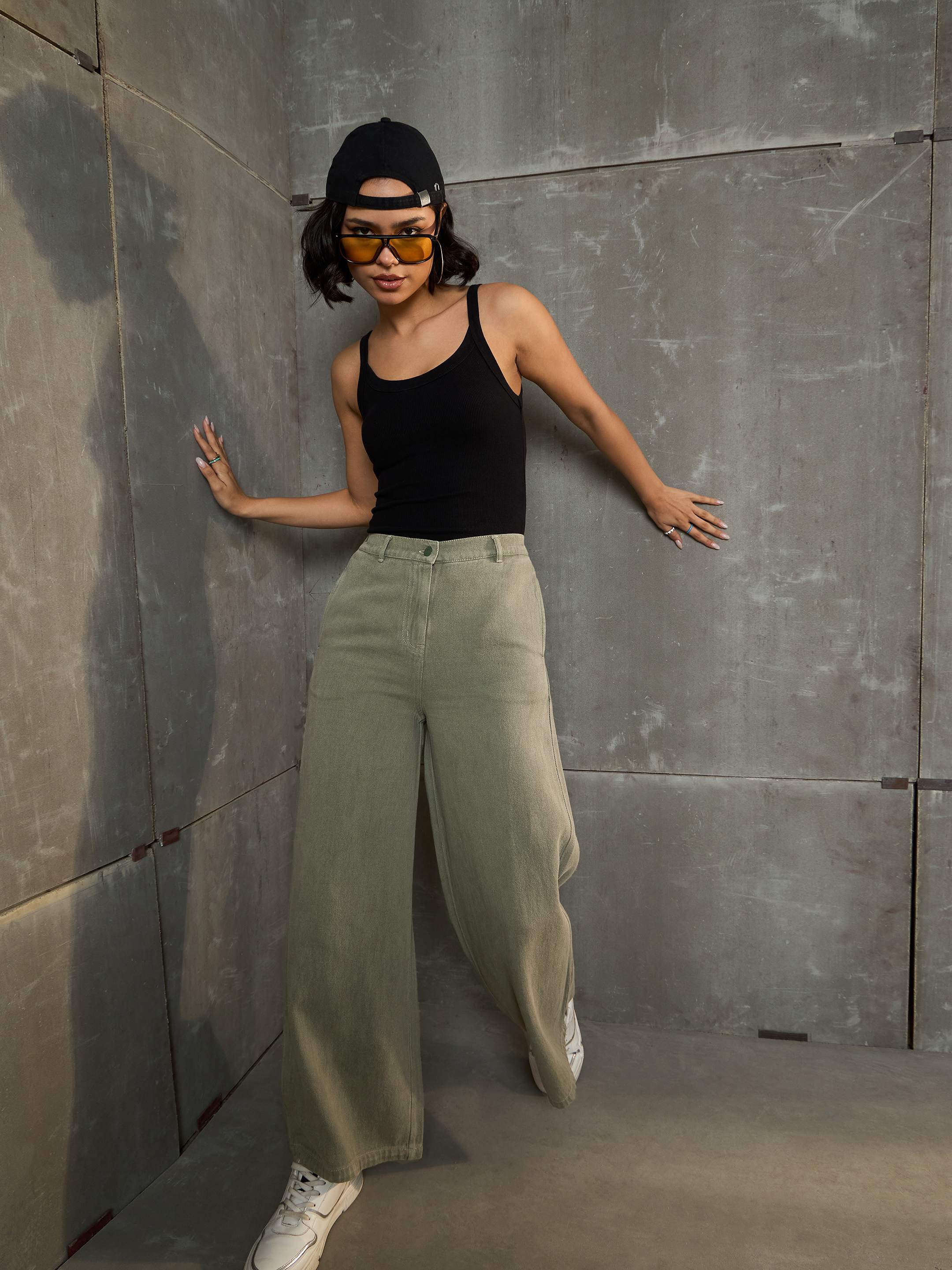 Women Olive Denim Flared Pants-SFPANT51040-Olive
