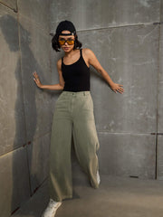 Women Olive Denim Flared Pants-SFPANT51040-Olive