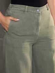 Women Olive Denim Flared Pants-SFPANT51040-Olive