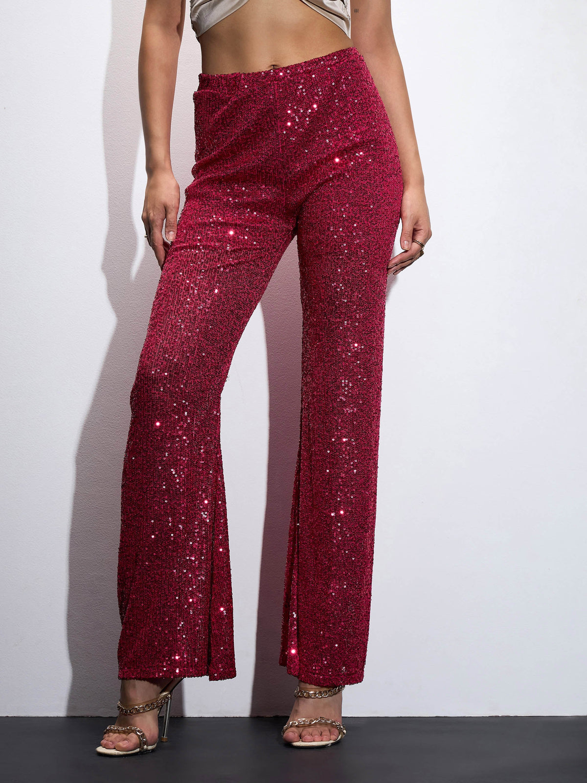 Women Fuchia Sequin Bell Bottom Pants-SFPANT51043