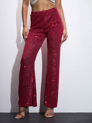 Women Fuchia Sequin Bell Bottom Pants-SFPANT51043