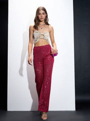 Women Fuchia Sequin Bell Bottom Pants-SFPANT51043