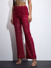 Women Fuchia Sequin Bell Bottom Pants-SFPANT51043