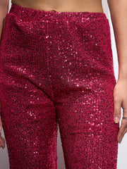 Women Fuchia Sequin Bell Bottom Pants-SFPANT51043
