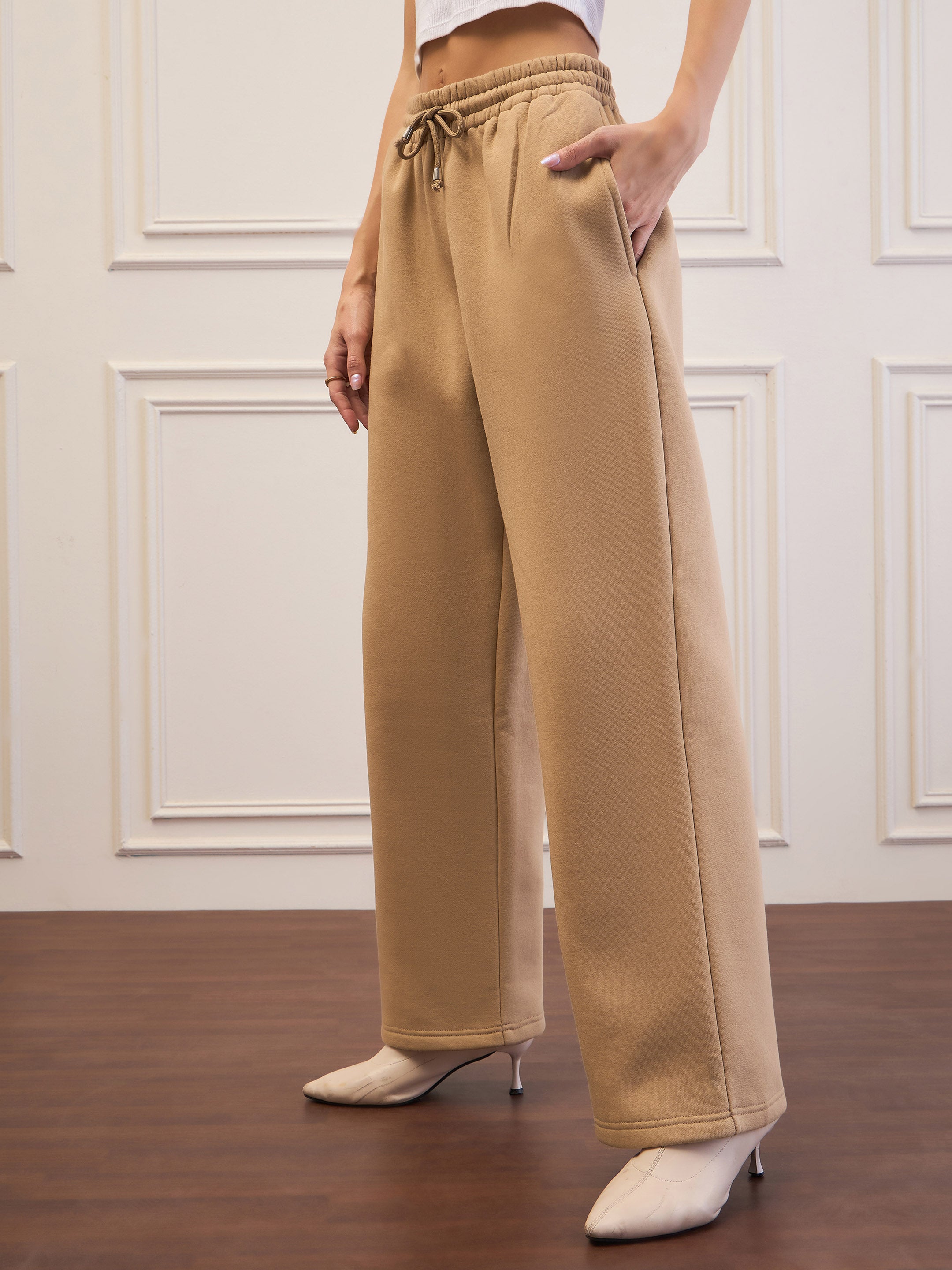 Women Beige Fleece Sweatpants-SFPANT51045