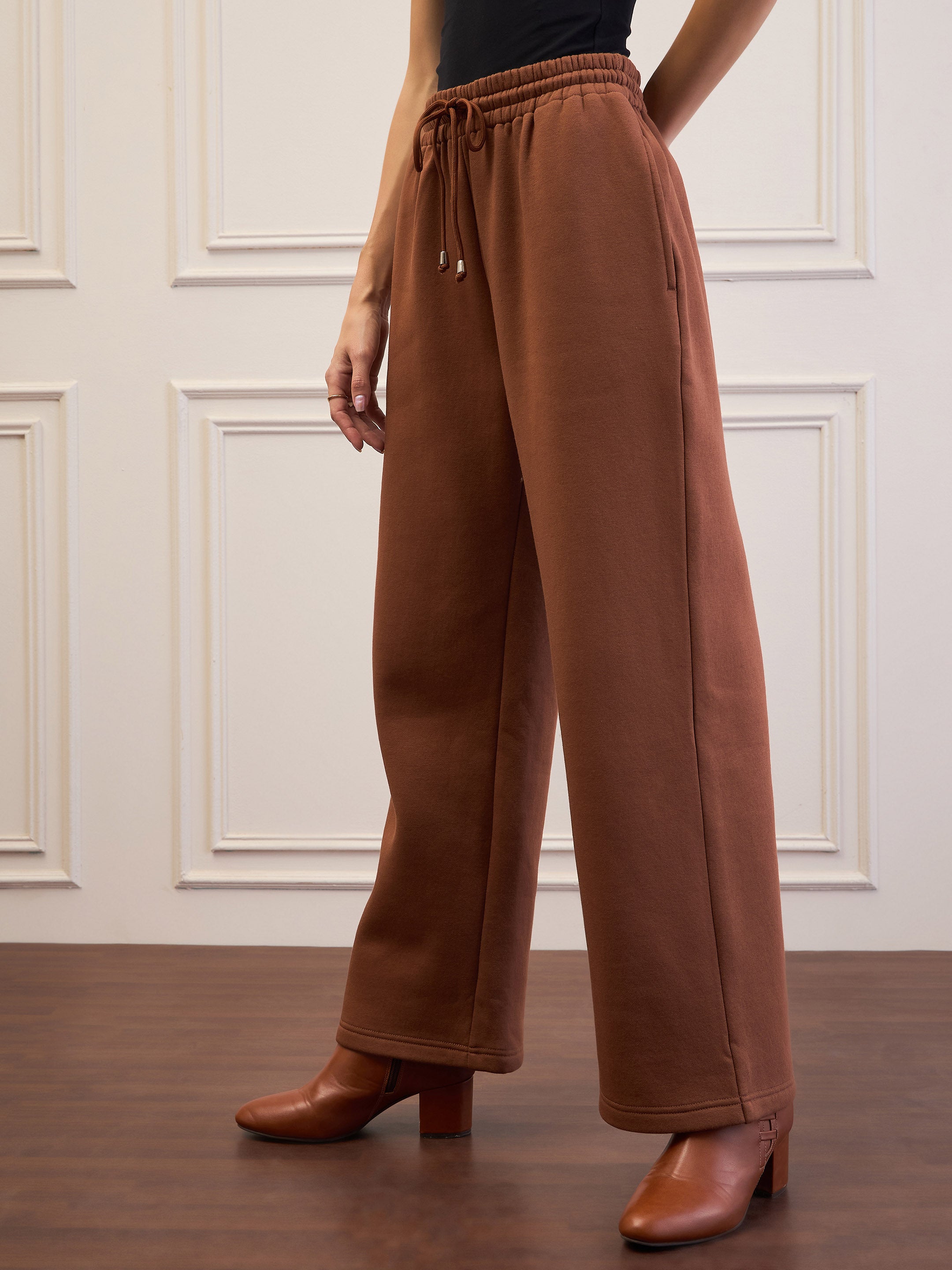 Women Brown Fleece Sweatpants-SFPANT51046