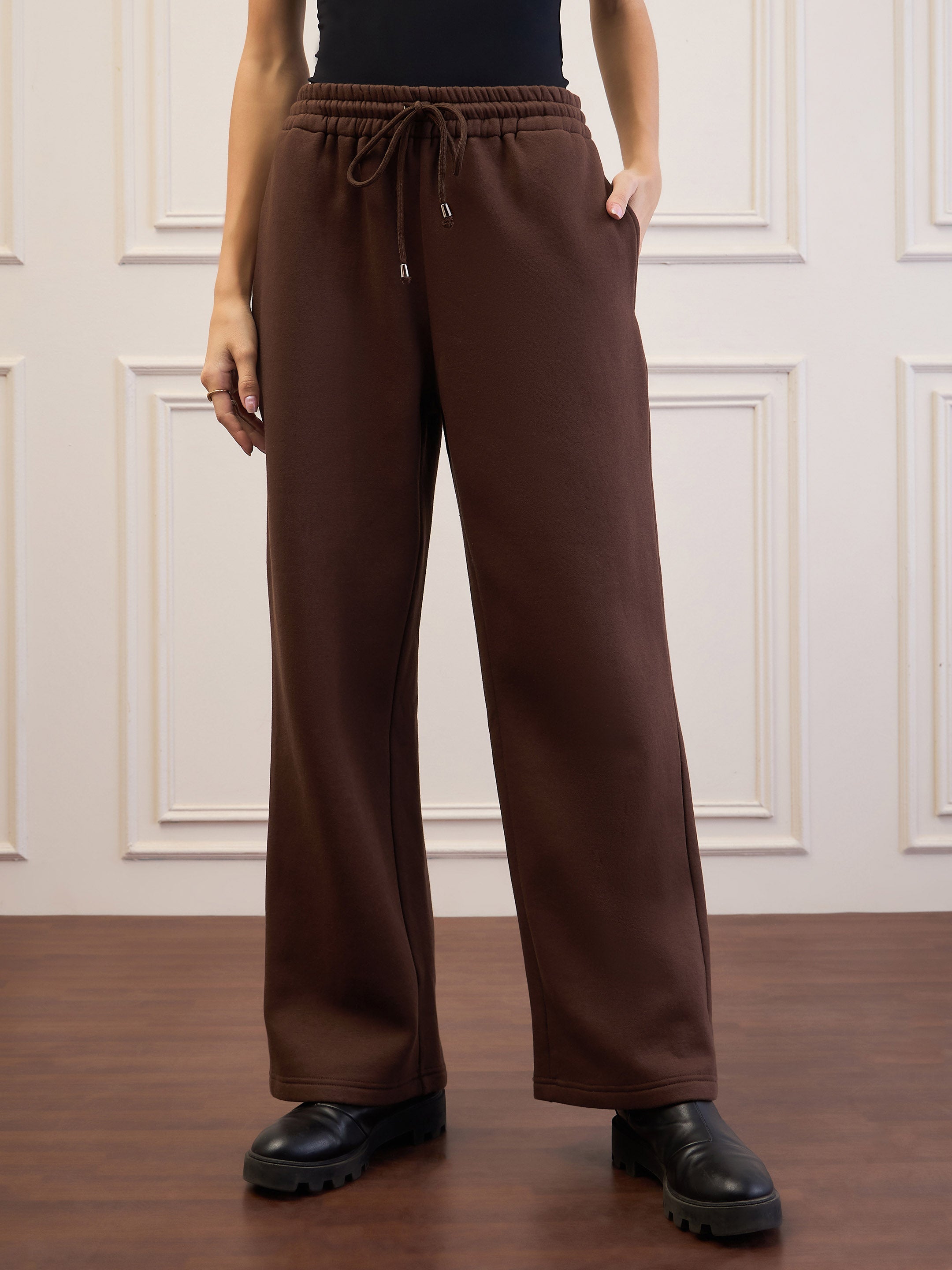 Women Dark Brown Fleece Sweatpants-SFPANT51047