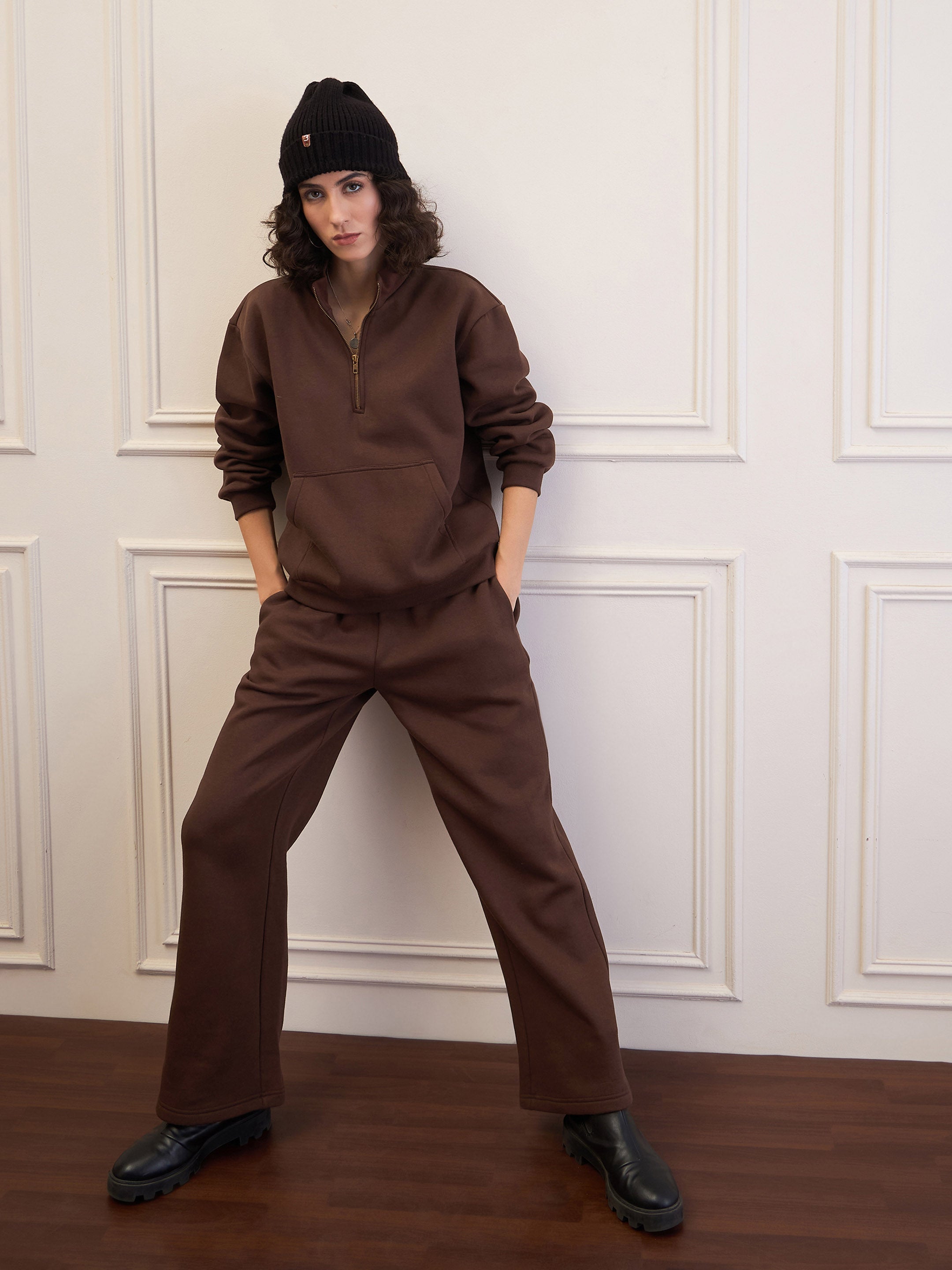 Women Dark Brown Fleece Sweatpants-SFPANT51047