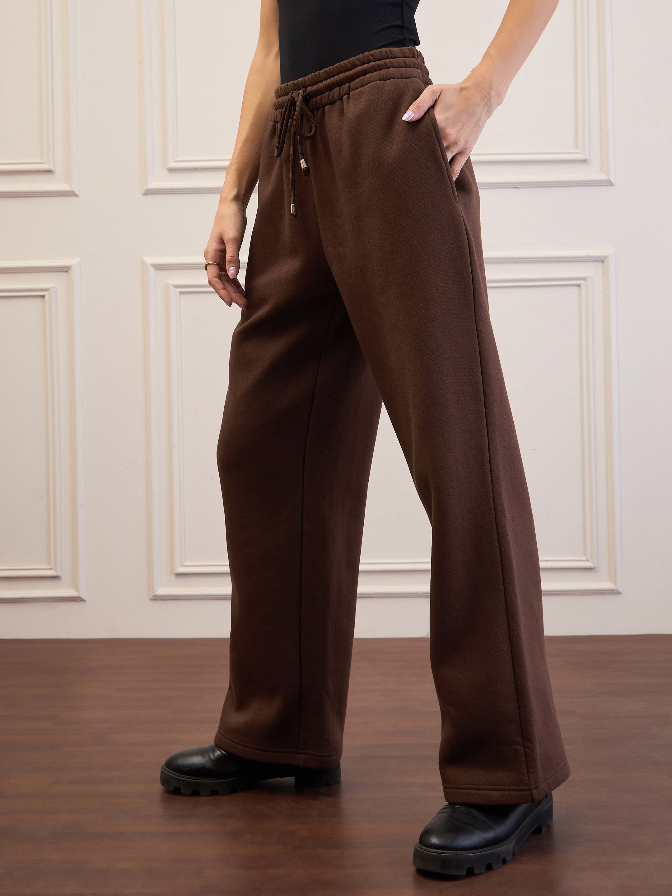 Women Dark Brown Fleece Sweatpants-SFPANT51047