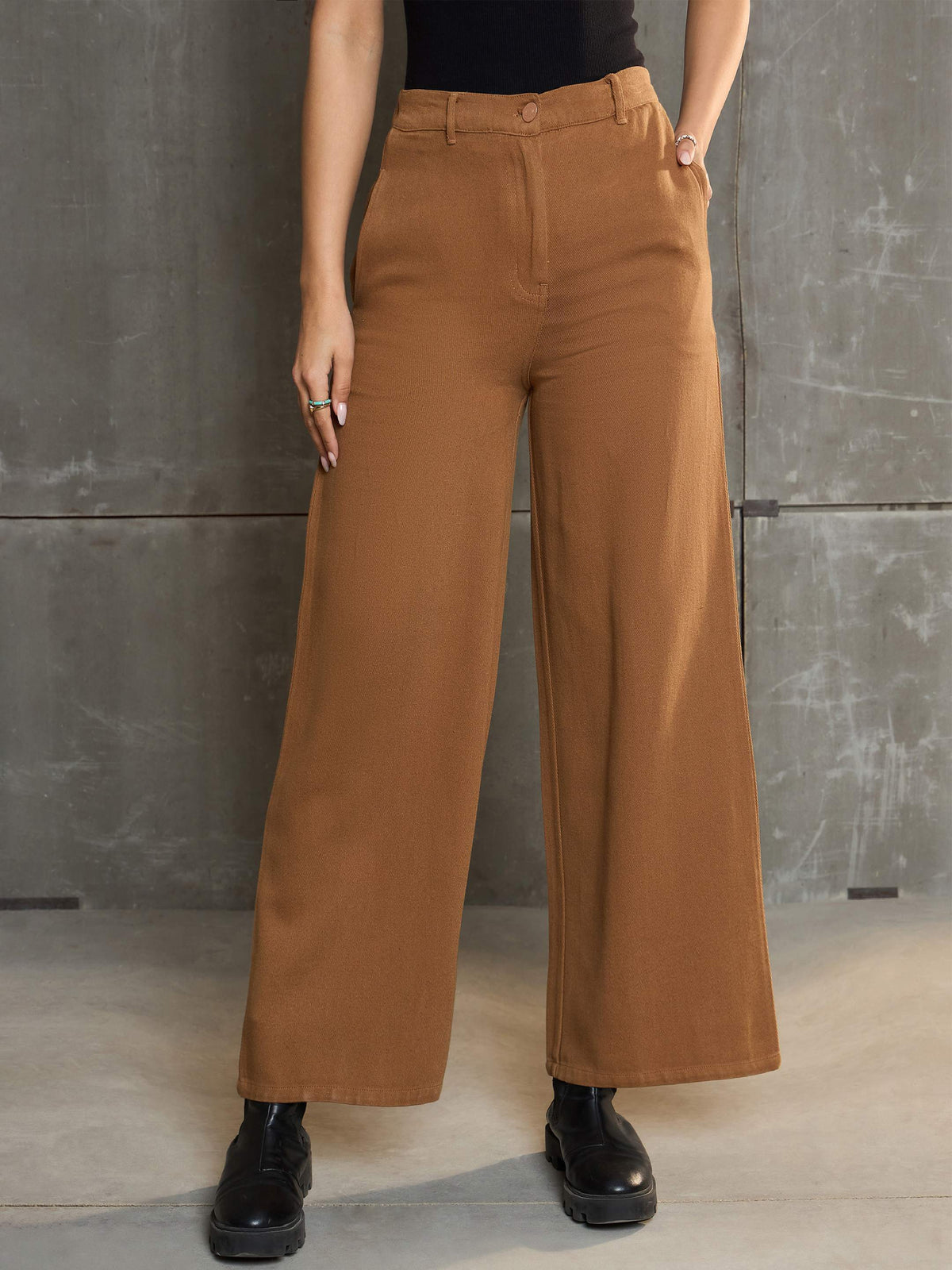 Women Dark Brown Denim Flared Pants-SFPANT51061-Brown