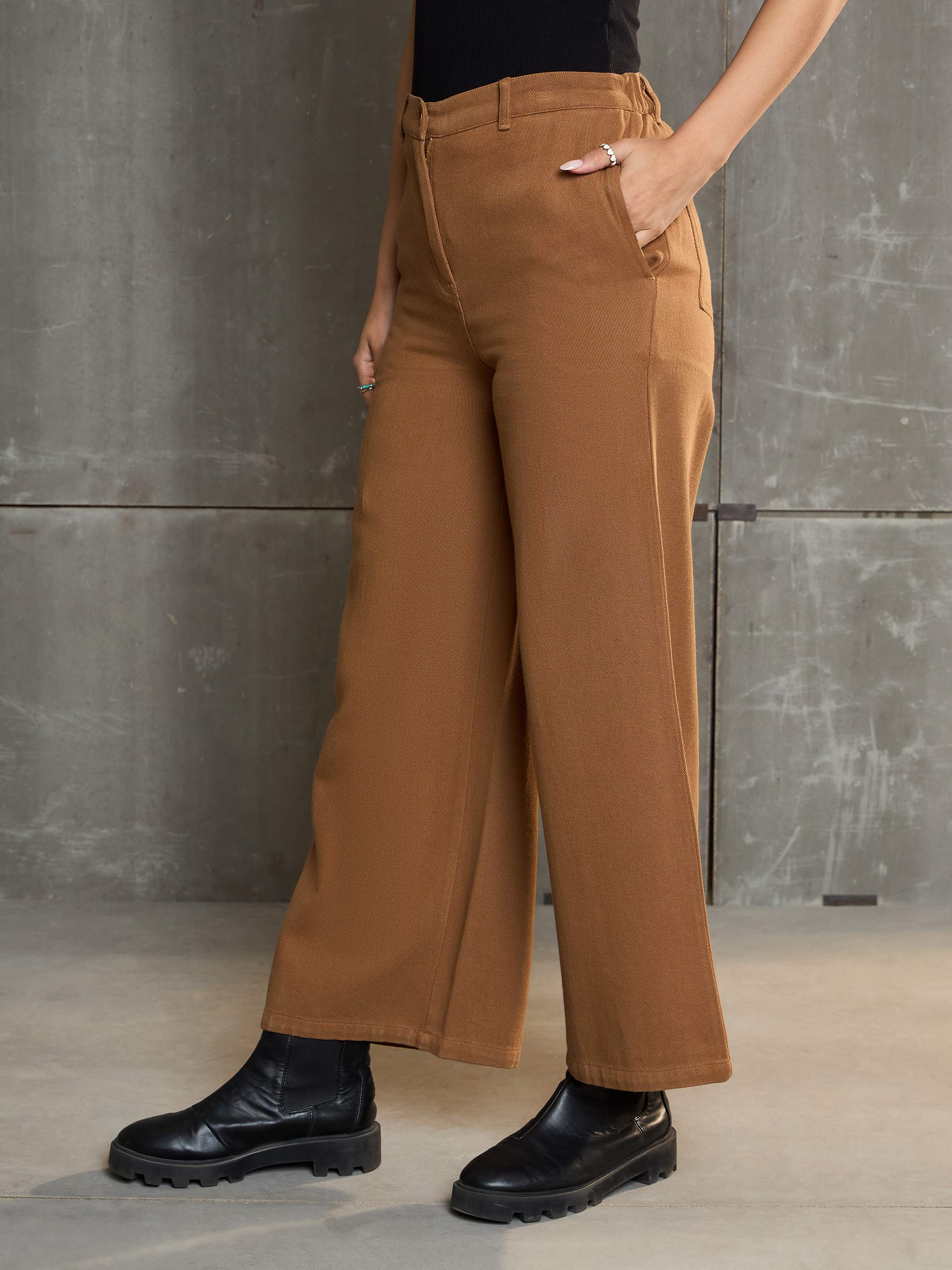 Women Dark Brown Denim Flared Pants-SFPANT51061-Brown