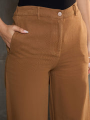 Women Dark Brown Denim Flared Pants-SFPANT51061-Brown