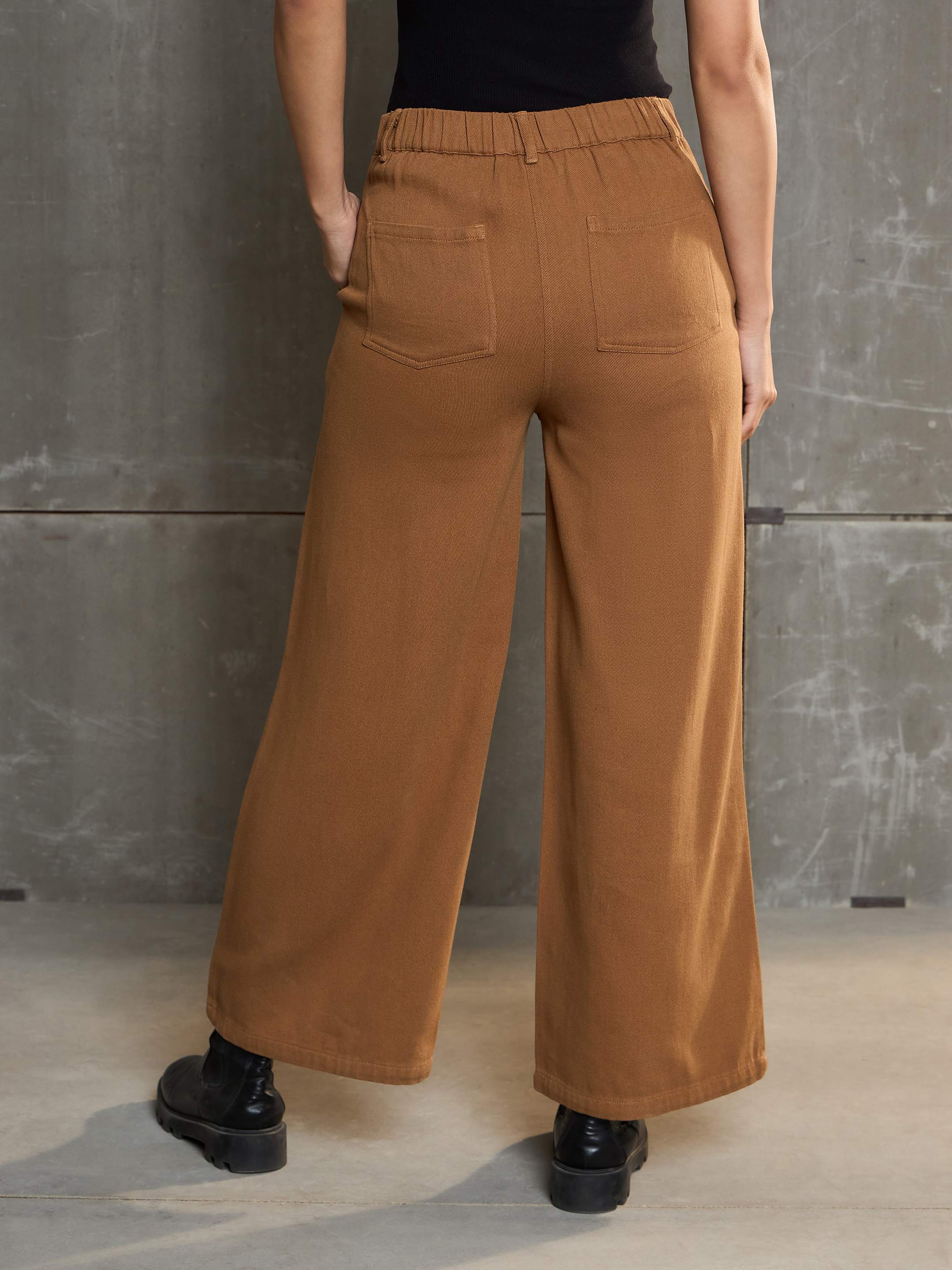 Women Dark Brown Denim Flared Pants-SFPANT51061-Brown