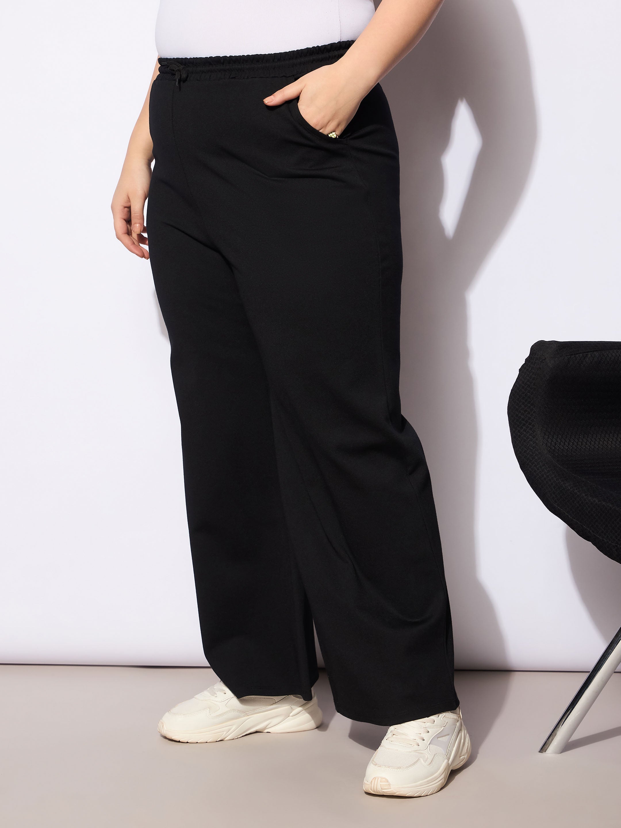 Women Black Roma Elasticated Straight Pants-SFPANT51135