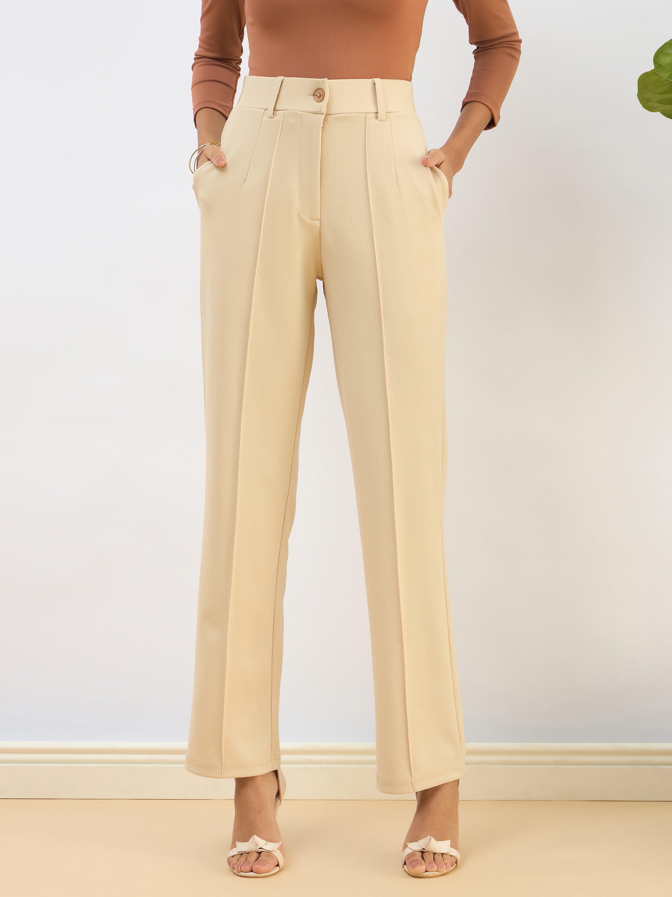 Women Beige Front Dart Straight Pants-SFPANT51190