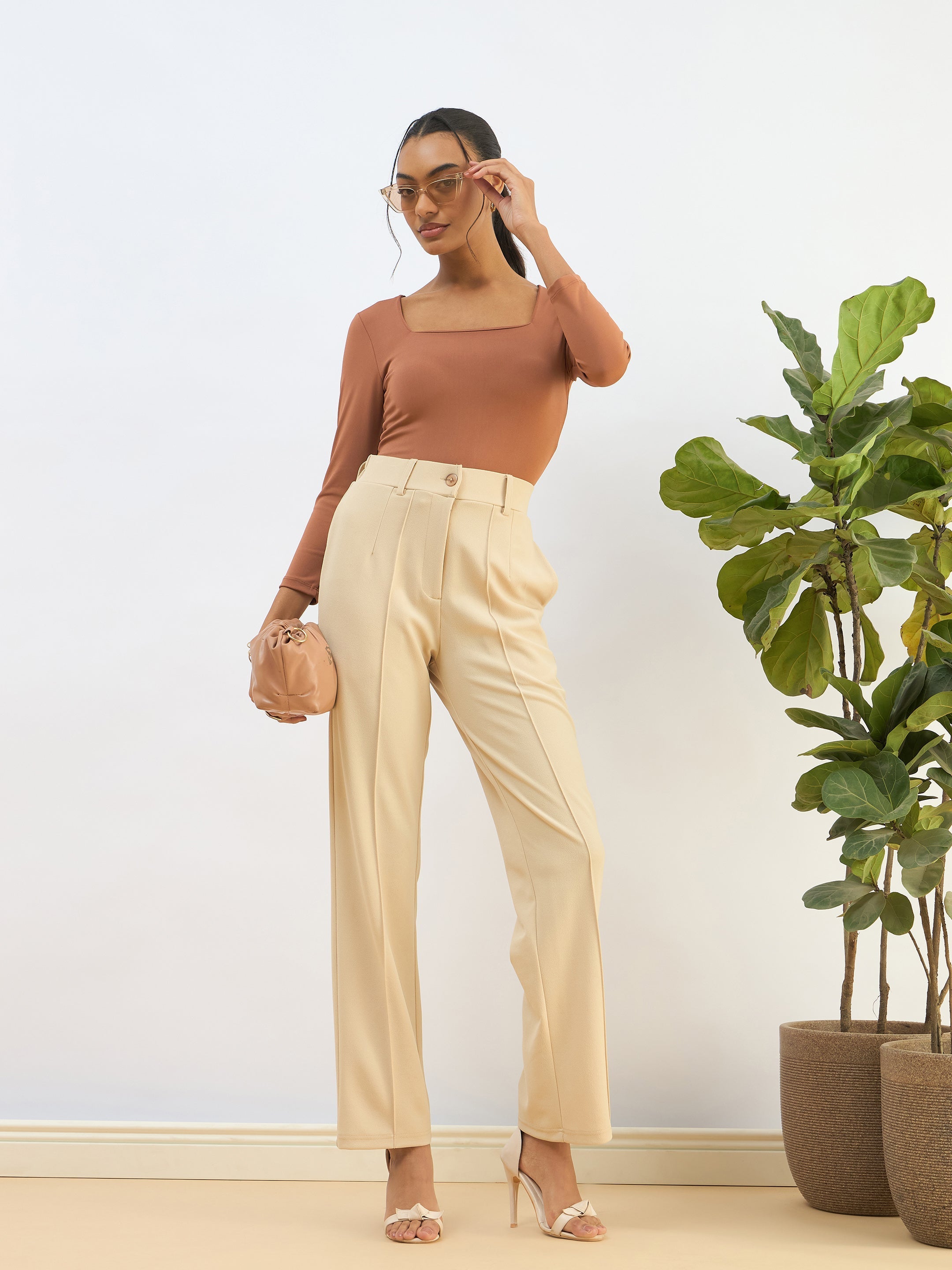Women Beige Front Dart Straight Pants-SFPANT51190