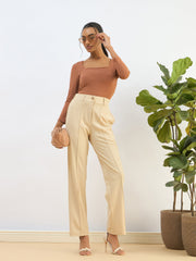 Women Beige Front Dart Straight Pants-SFPANT51190