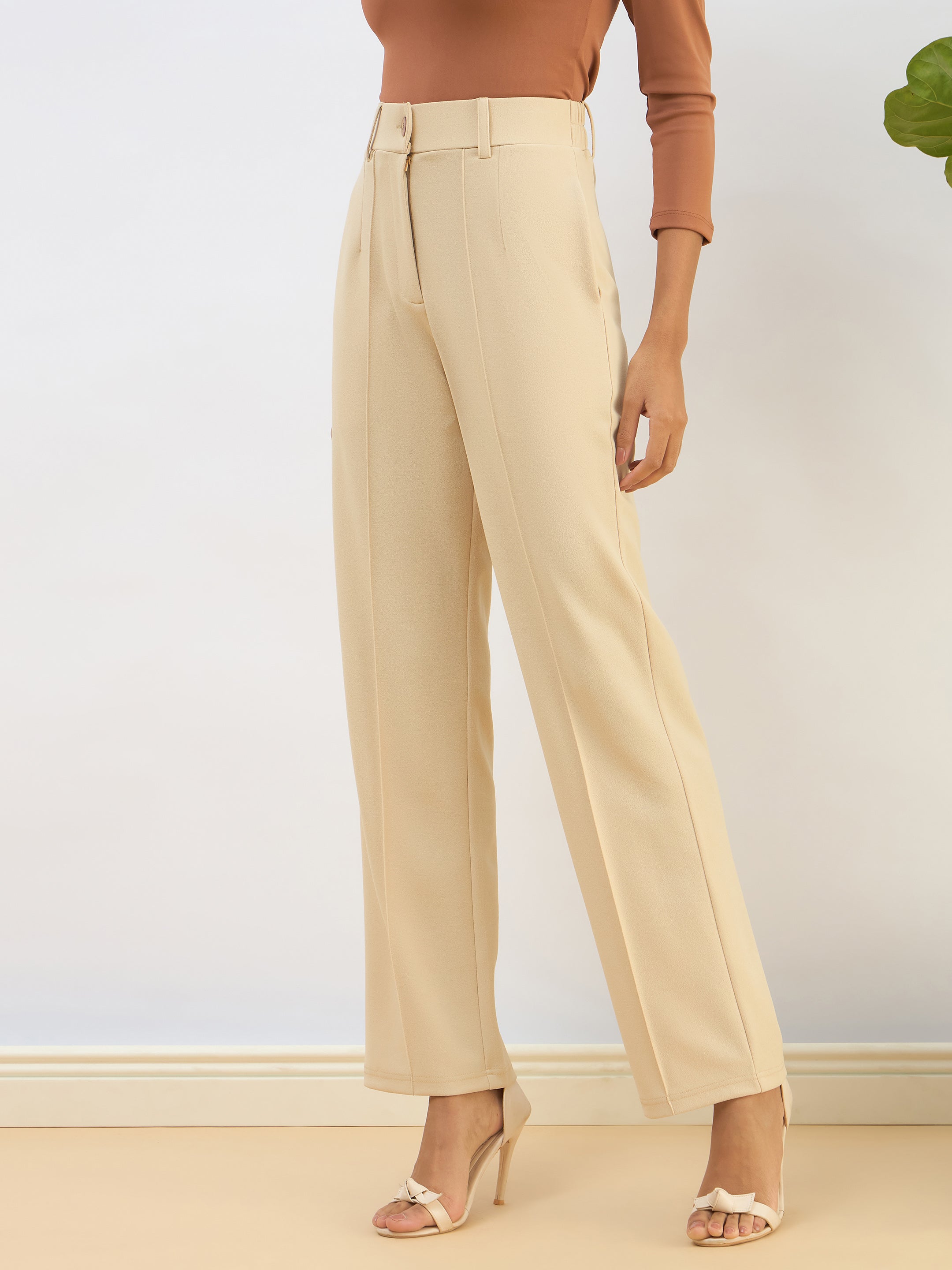 Women Beige Front Dart Straight Pants-SFPANT51190