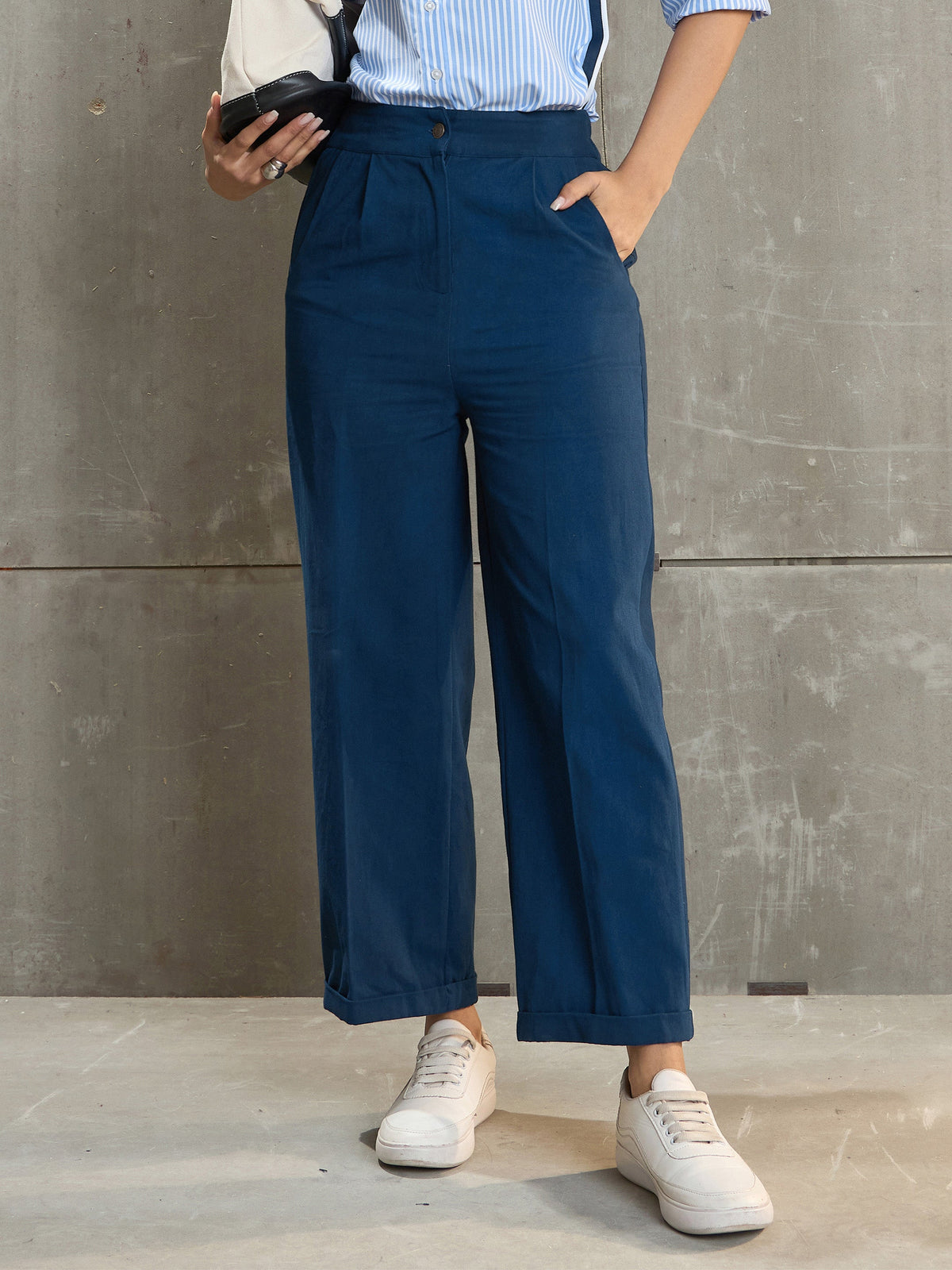 Women Navy Blue Twill Wide Leg Pants-SFPANT51195