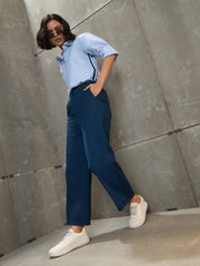 Women Navy Blue Twill Wide Leg Pants-SFPANT51195