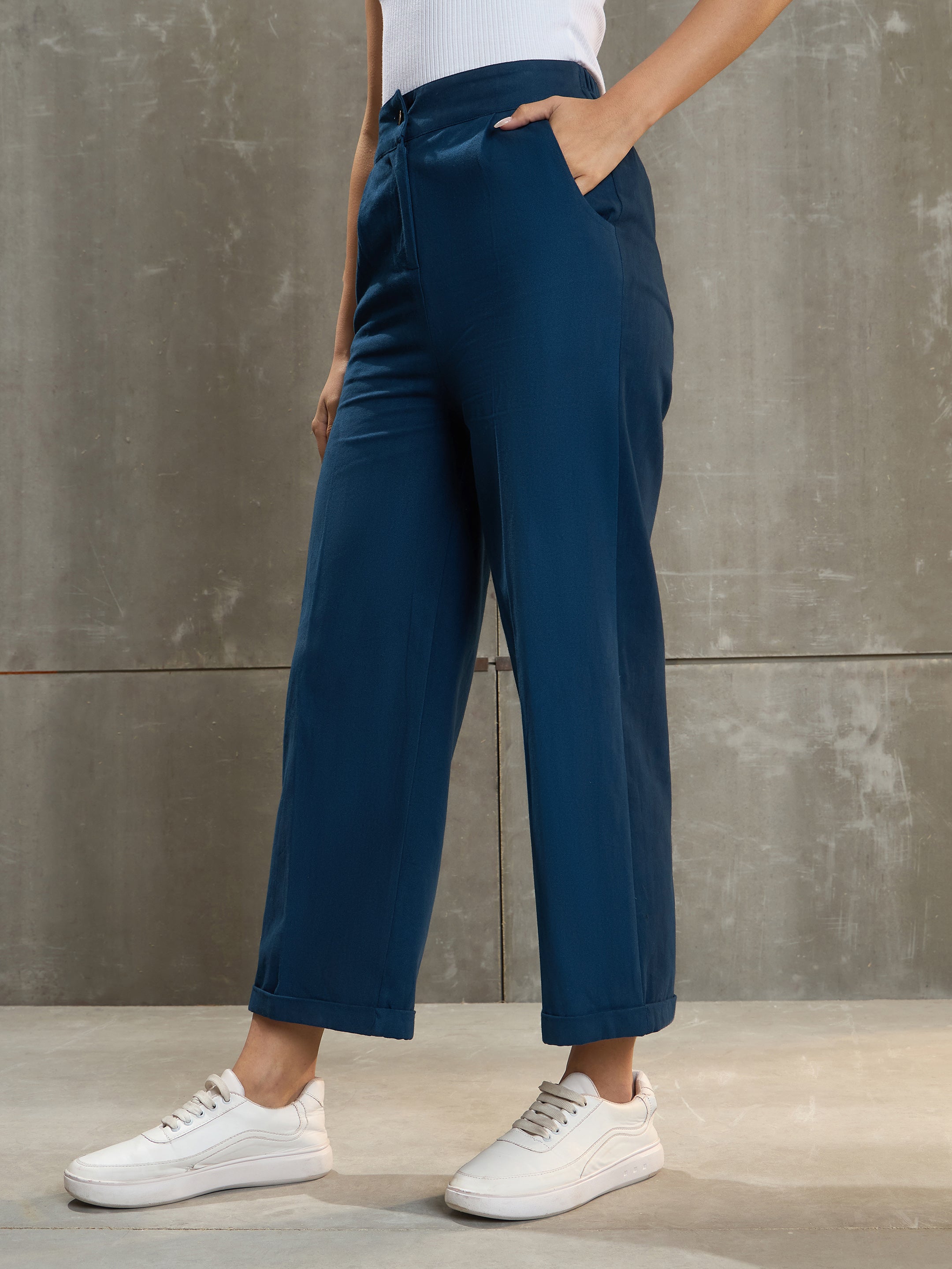 Women Navy Blue Twill Wide Leg Pants-SFPANT51195