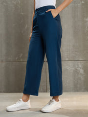 Women Navy Blue Twill Wide Leg Pants-SFPANT51195